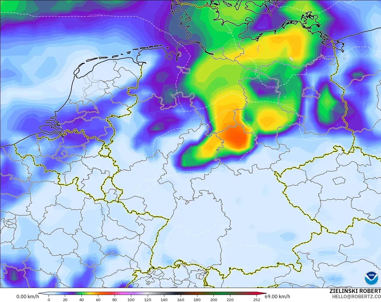 GFS modelo - Alemania, Ráfagas de Viento Máximas
