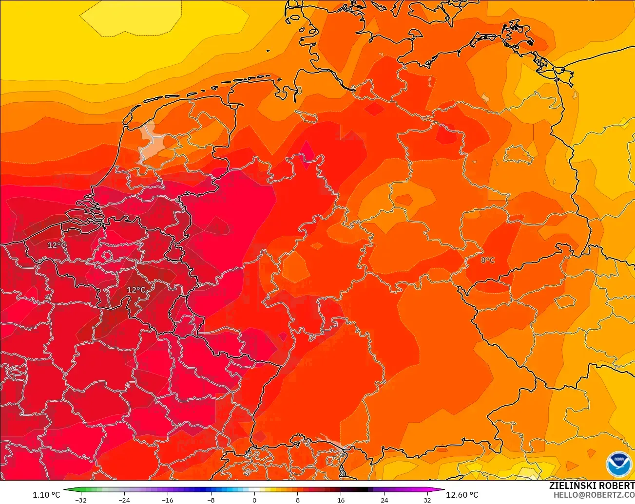GFS modelo - Alemania, Anomalía de temperatura a 850 hPa