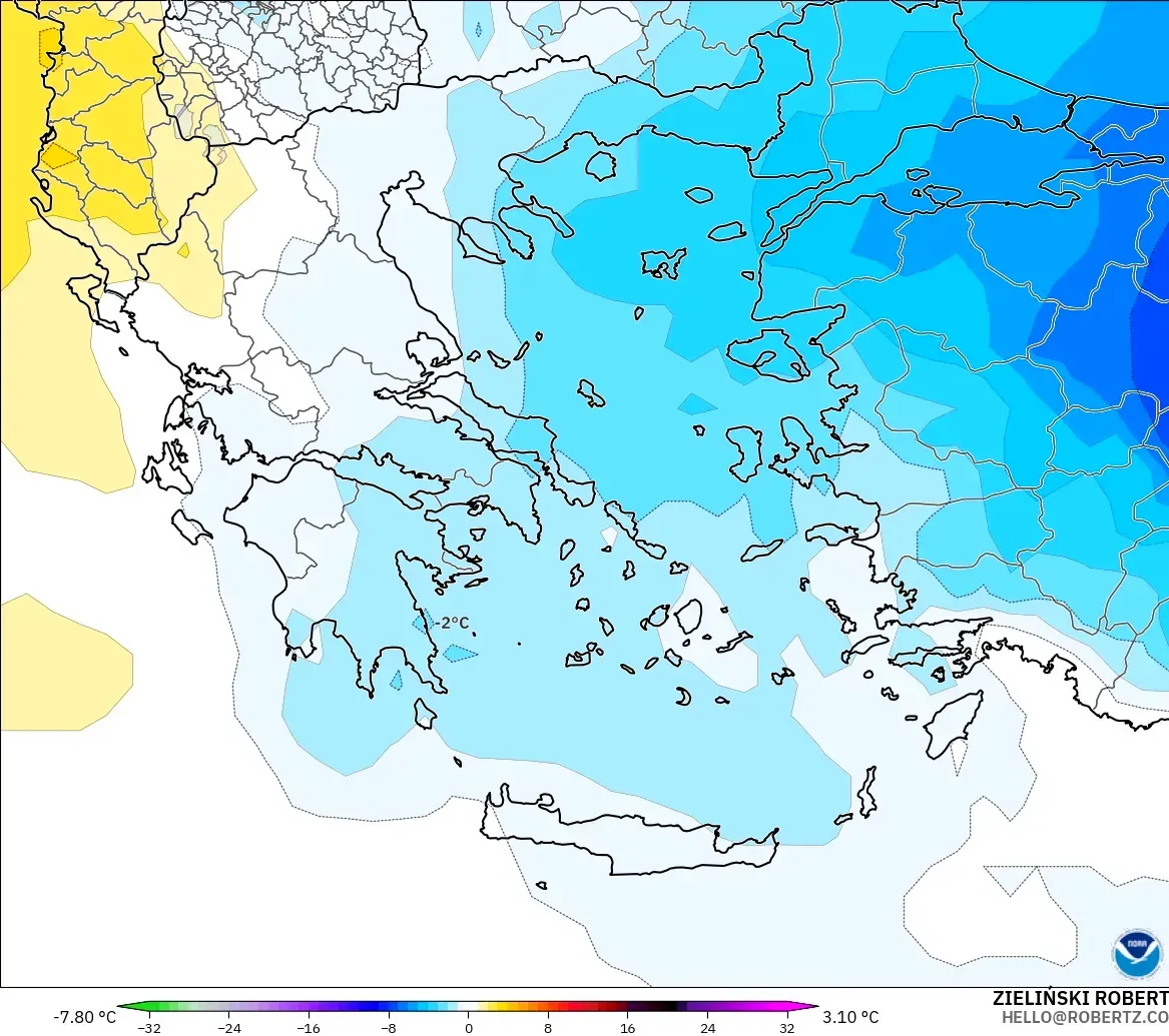 GFS modelo - Grecia, Anomalía de temperatura a 850 hPa