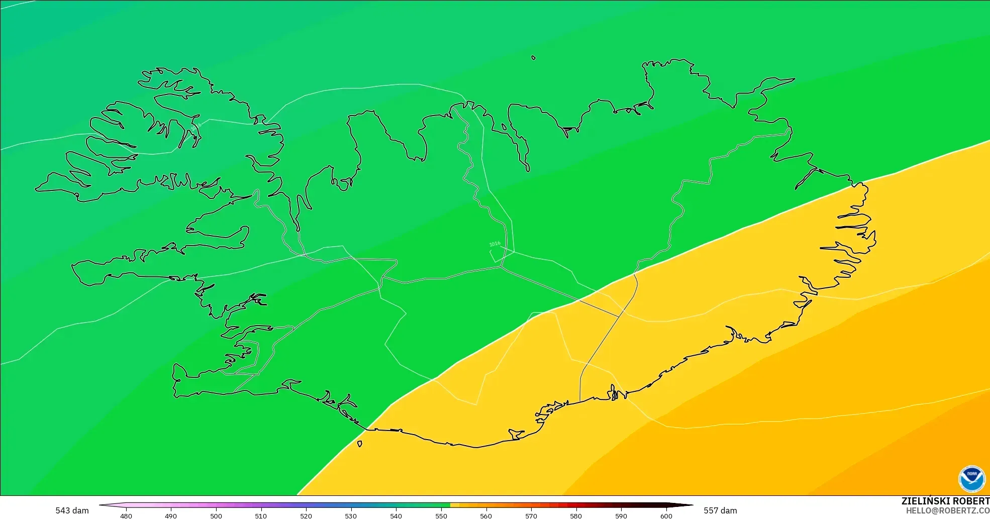 GFS modelo - Islandia, Altura geopotencial a 500 hPa