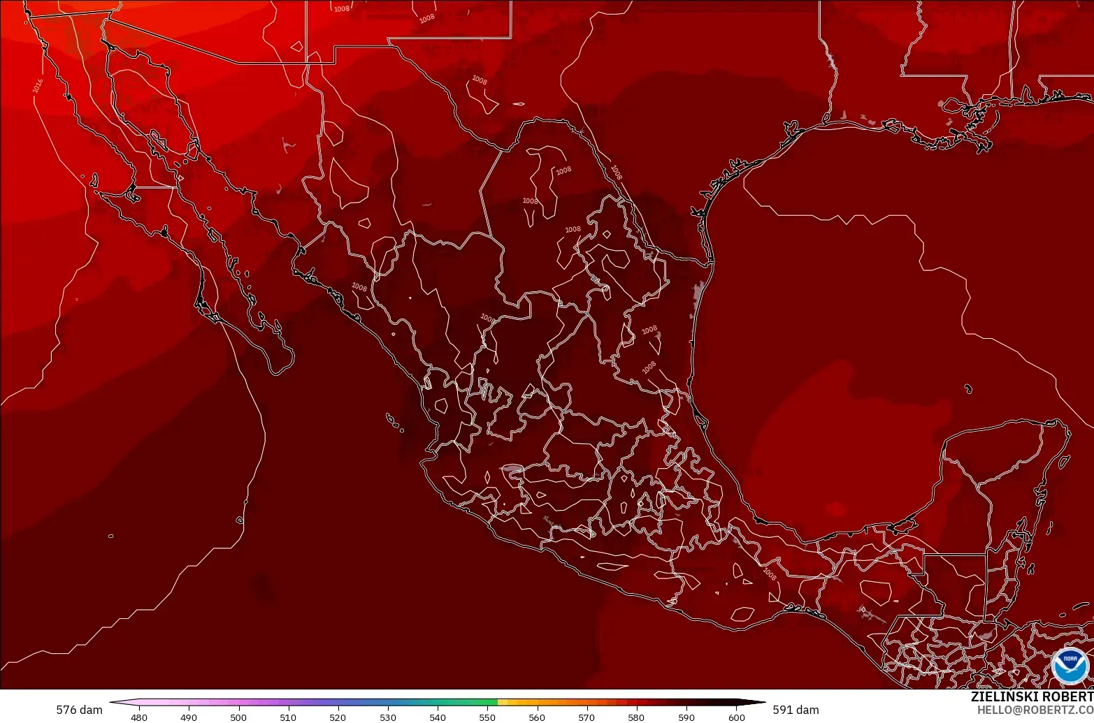 GFS modelo - México, Altura geopotencial a 500 hPa