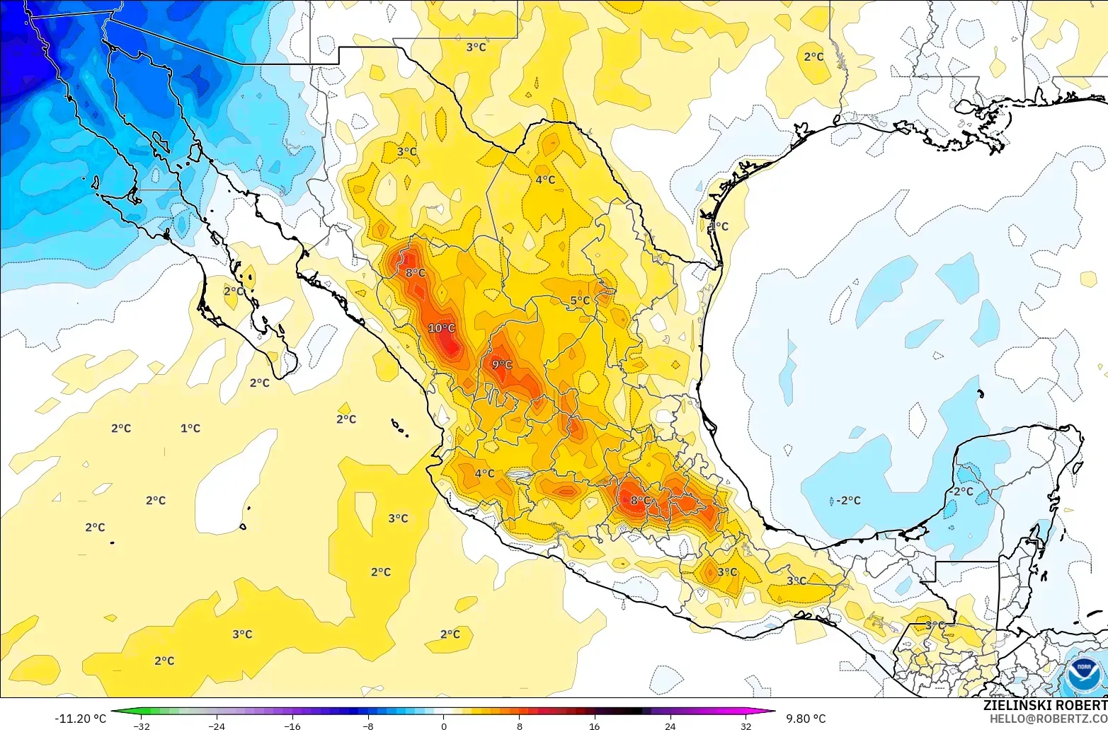 GFS modelo - México, Anomalía de temperatura a 850 hPa