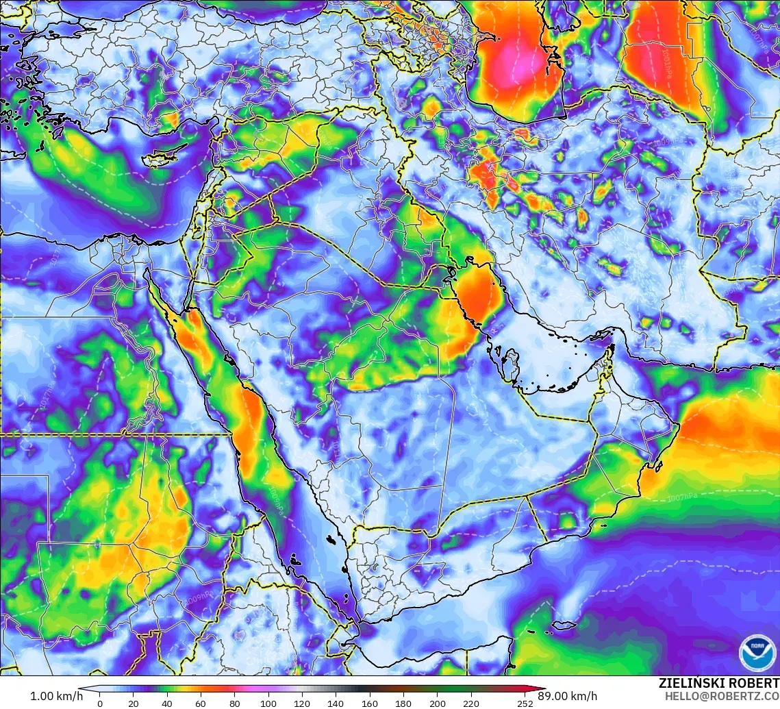 GFS modelo - Oriente Medio, Ráfagas de Viento Máximas