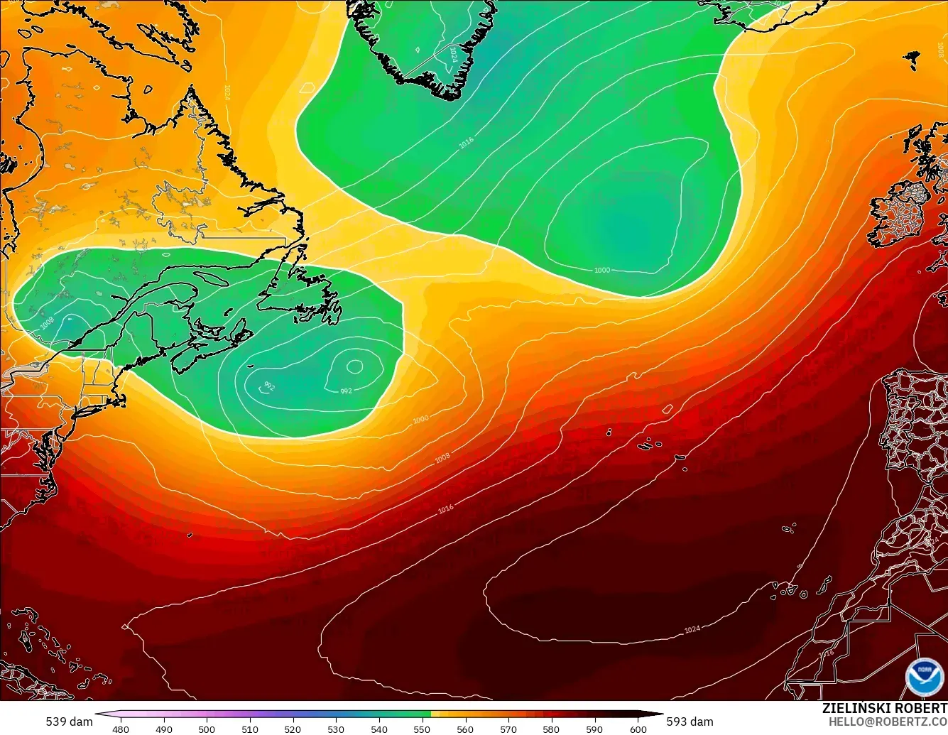GFS modelo - Norte Atlántico, Altura geopotencial a 500 hPa