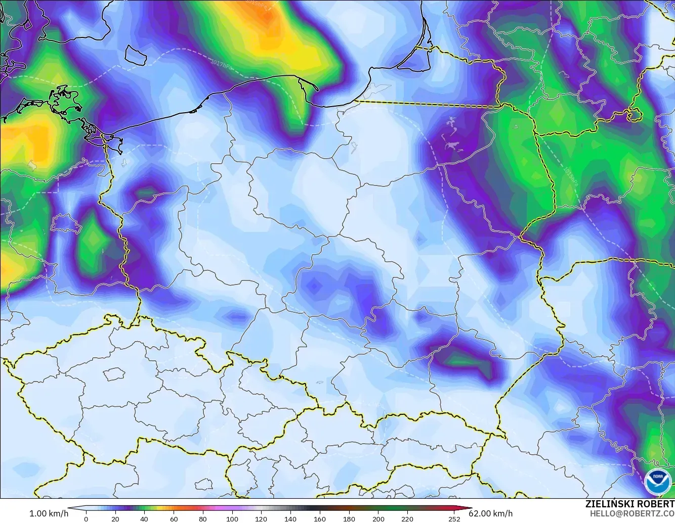 GFS modelo - Polonia, Ráfagas de viento
