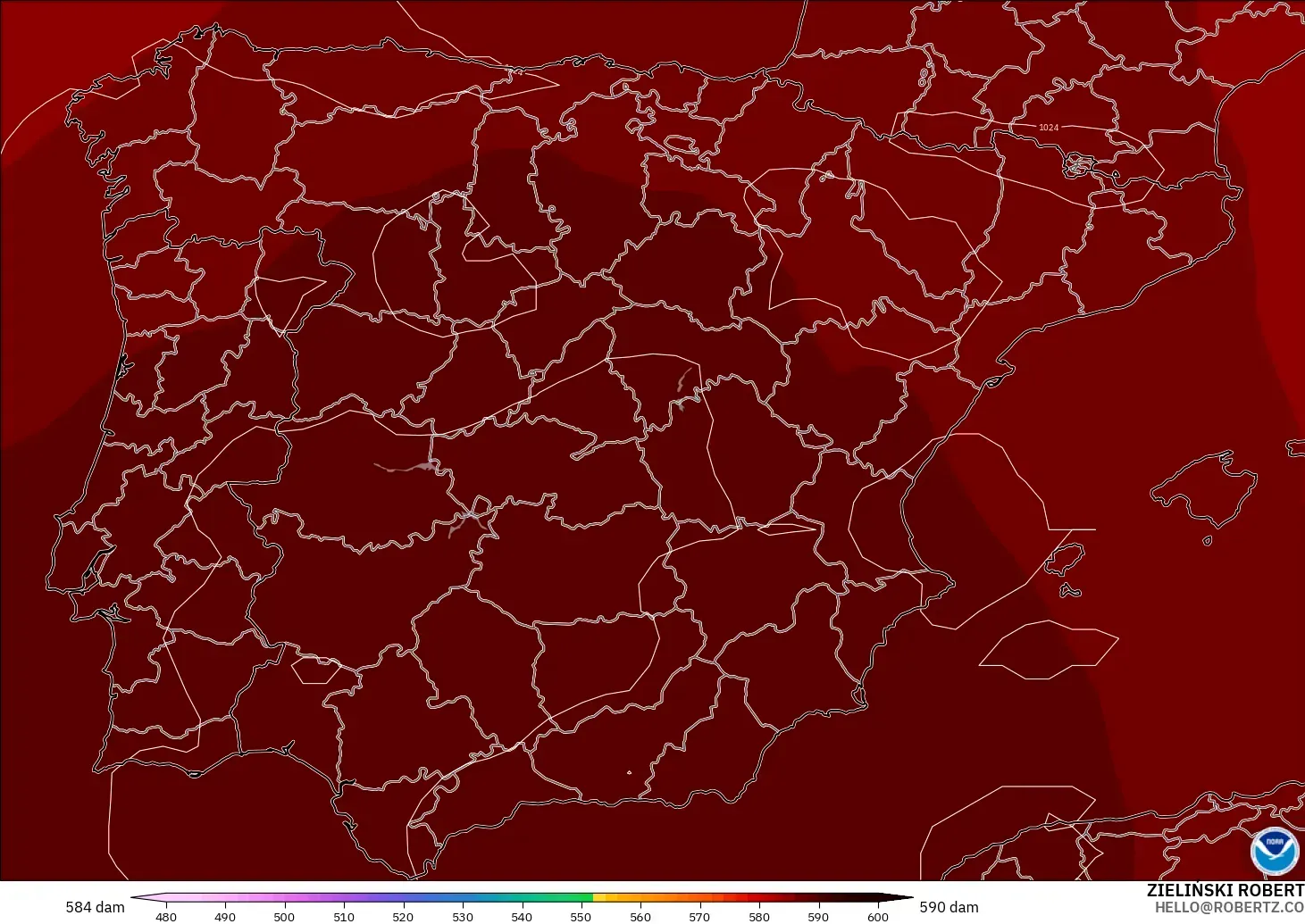 GFS modelo - España, Altura geopotencial a 500 hPa