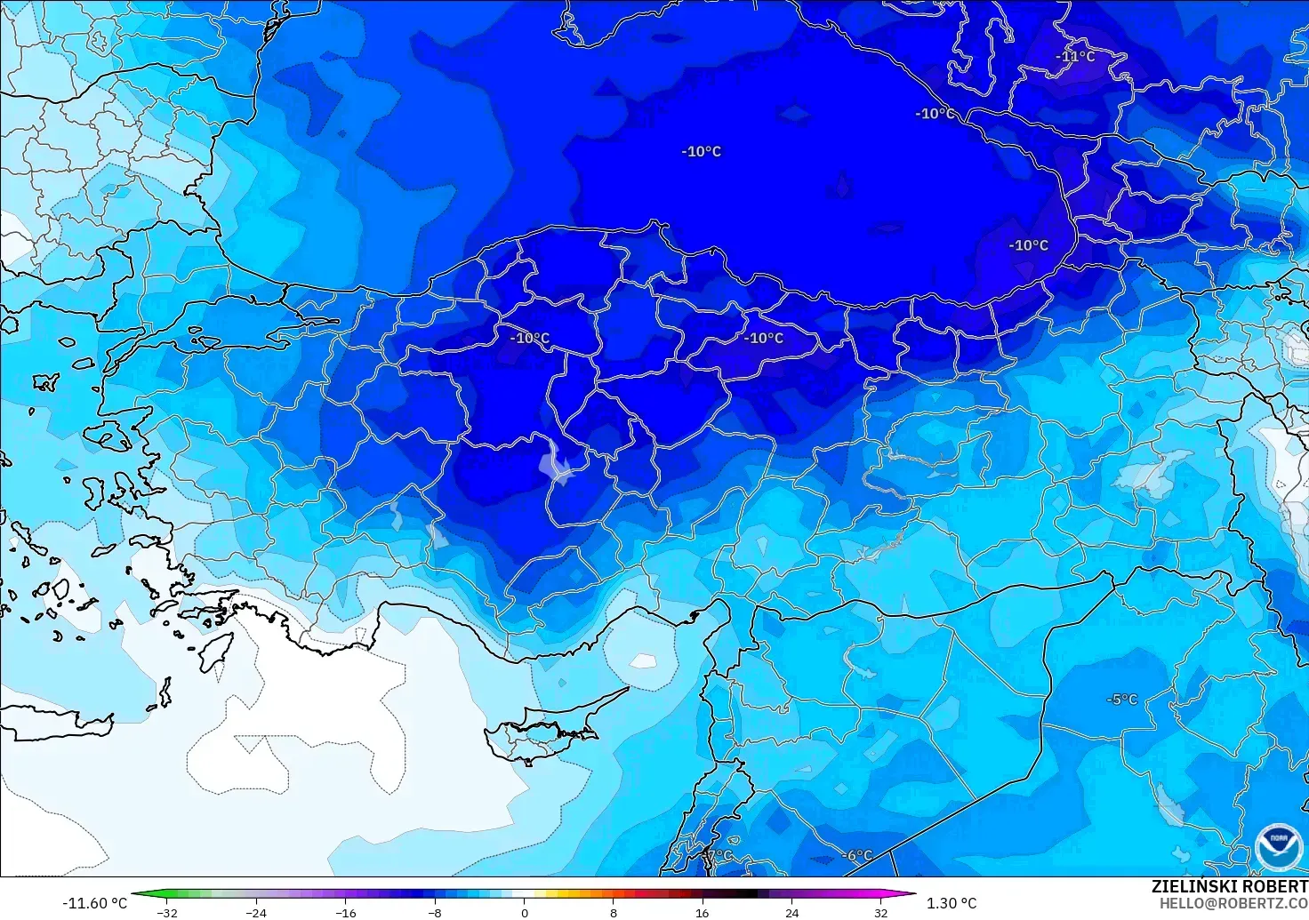 GFS modelo - Turquía, Anomalía de temperatura a 850 hPa