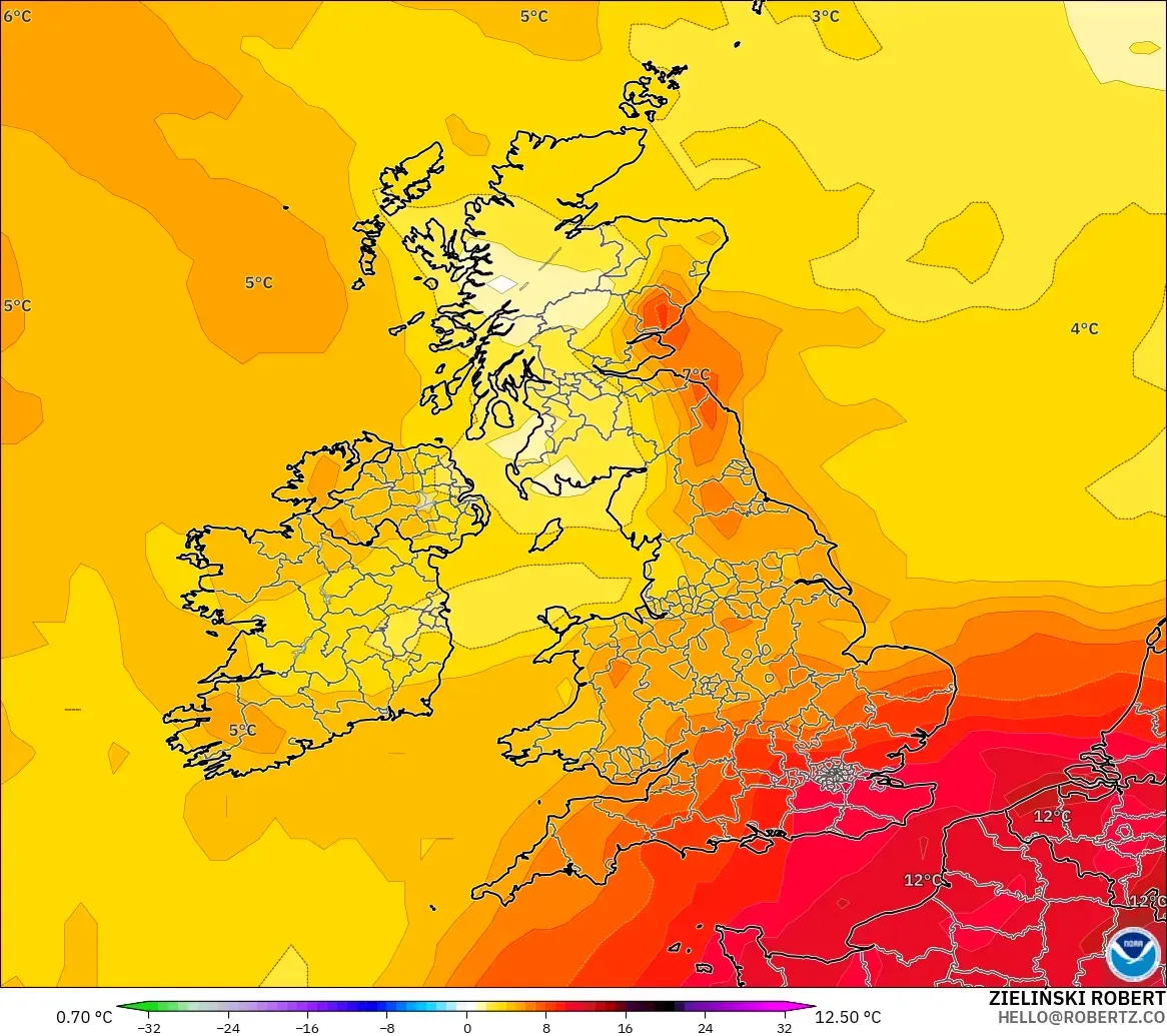 GFS modelo - Reino Unido, Anomalía de temperatura a 850 hPa