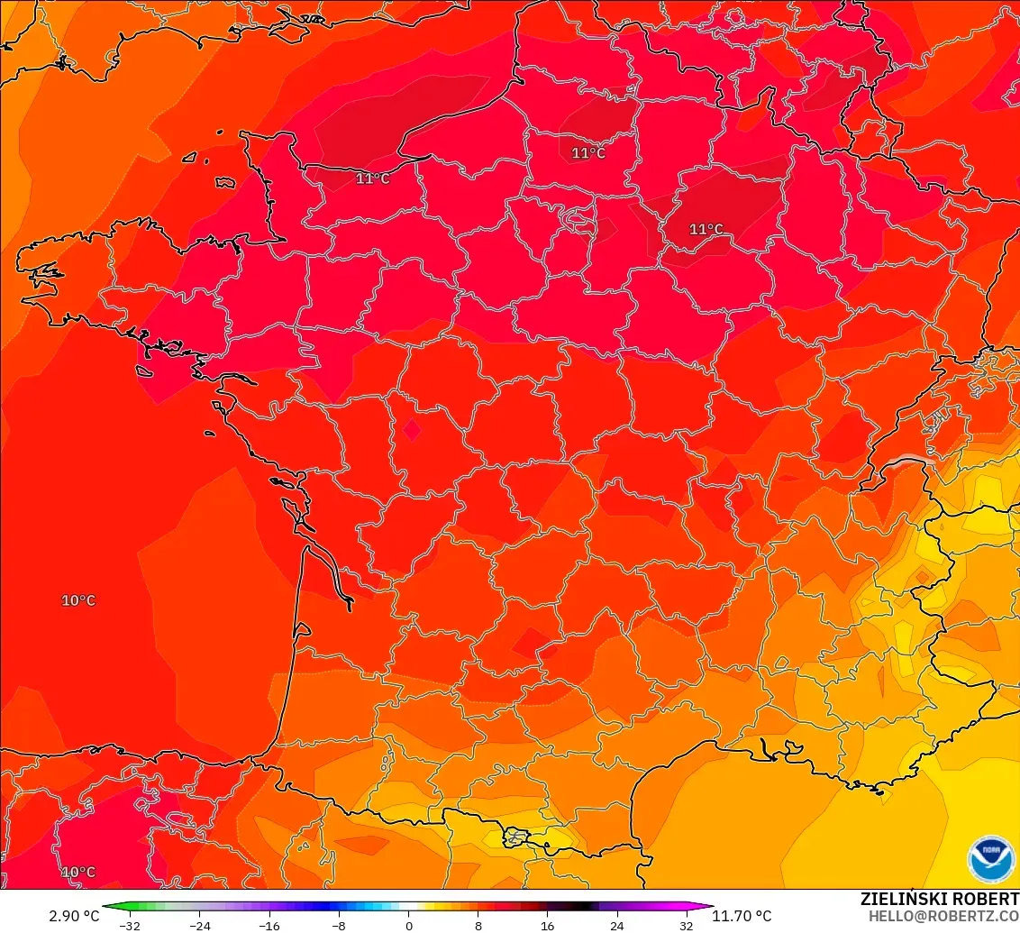 GFS modelo - Francia, Anomalía de temperatura a 850 hPa