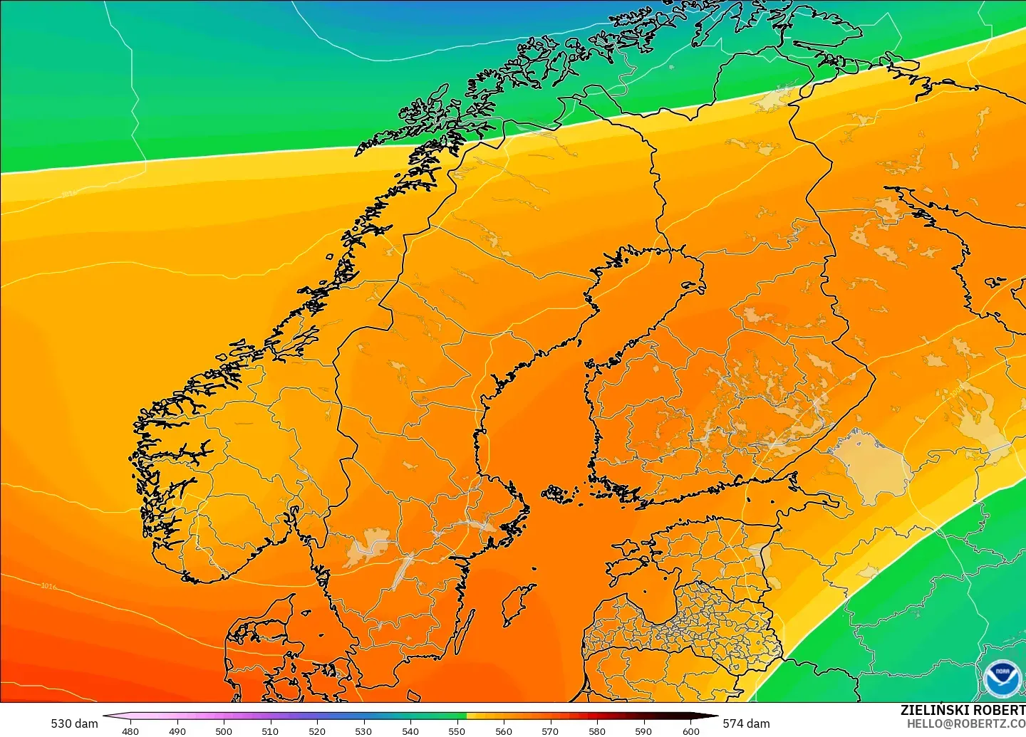 GFS modelo - Escandinavia, Altura geopotencial a 500 hPa
