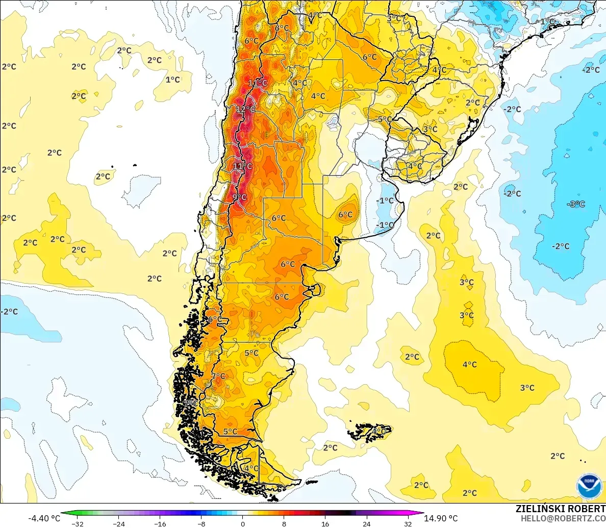 GFS modelo - Argentina, Anomalía de temperatura a 2 m