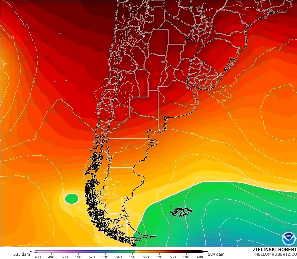 GFS modelo - Argentina, Altura geopotencial a 500 hPa