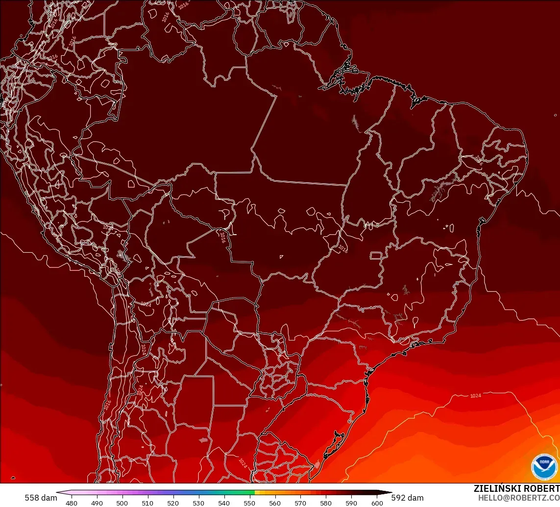 GFS modelo - Brasil, Altura geopotencial a 500 hPa