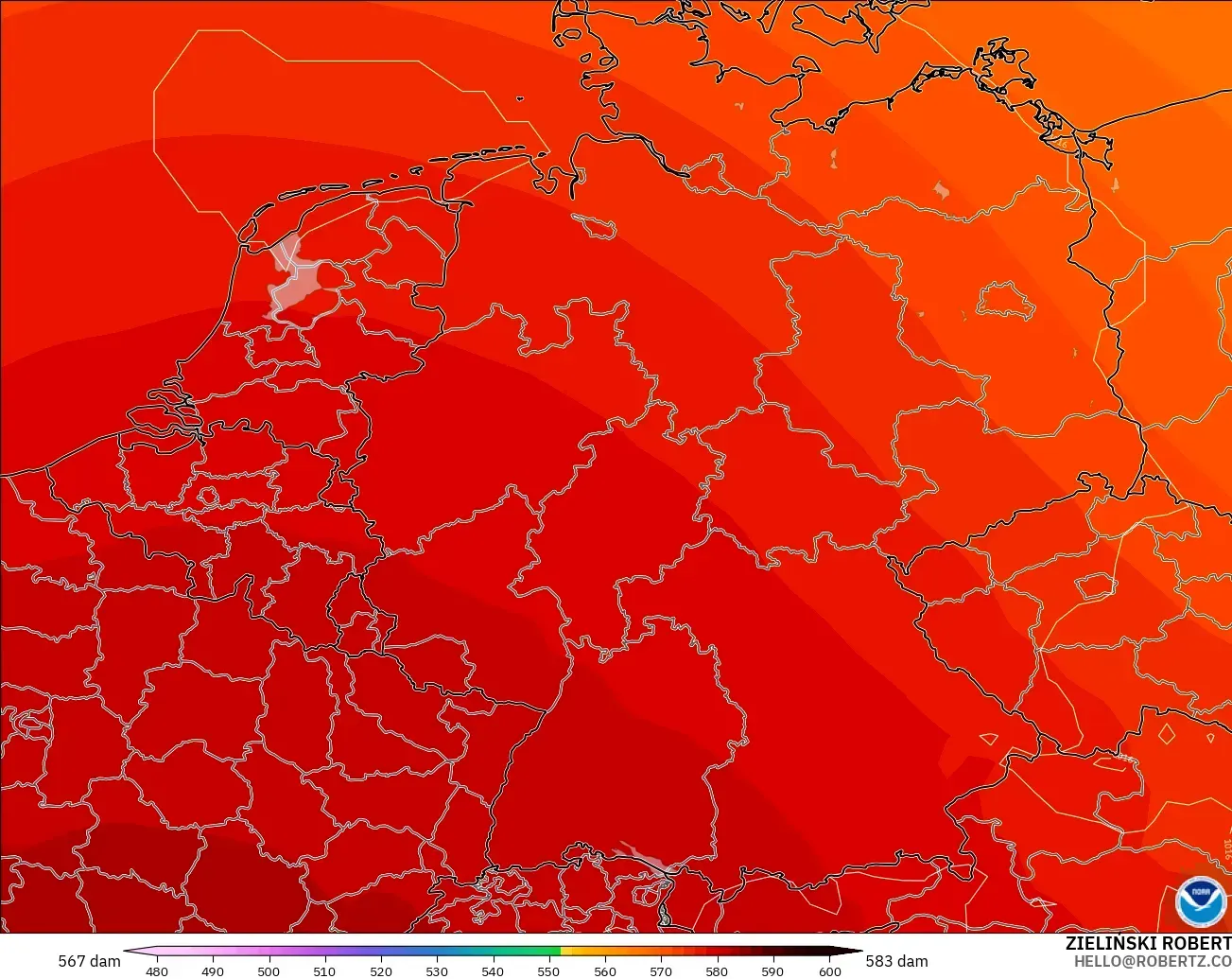 GFS modelo - Alemania, Altura geopotencial a 500 hPa