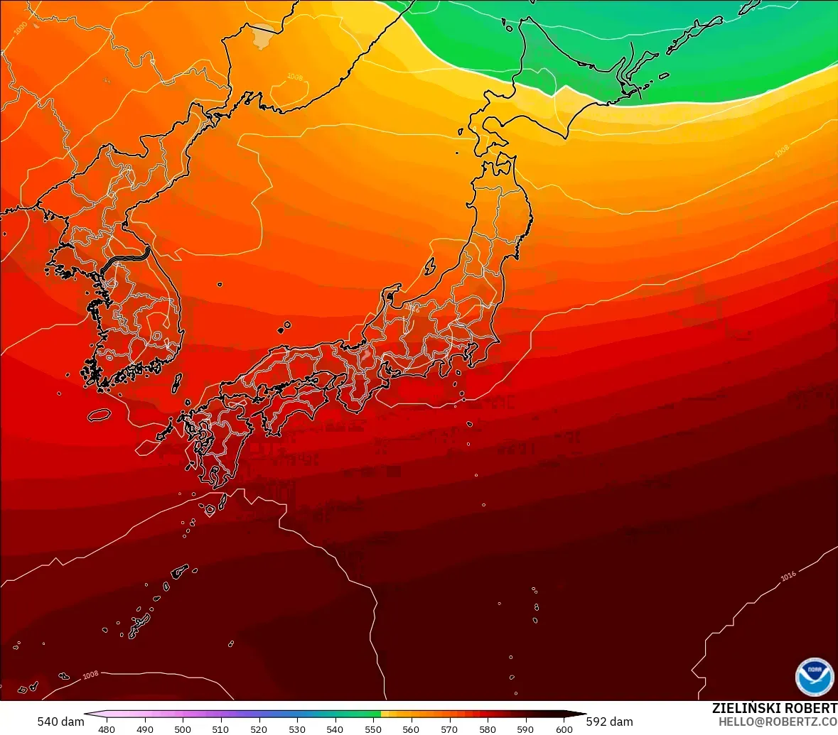 GFS modelo - Japón, Altura geopotencial a 500 hPa