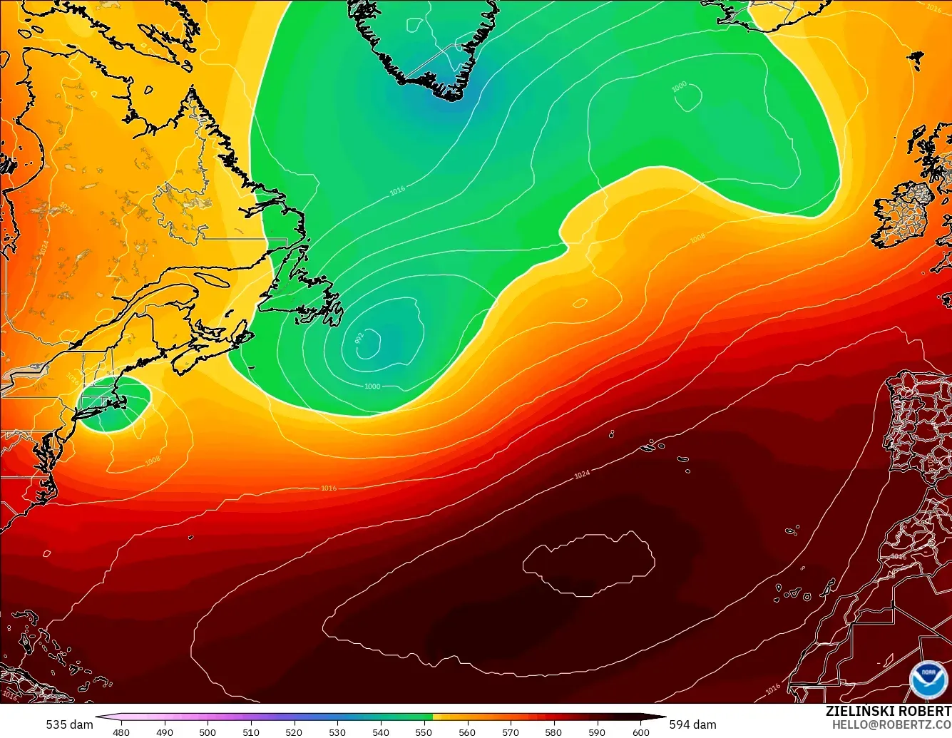 GFS modelo - Norte Atlántico, Altura geopotencial a 500 hPa