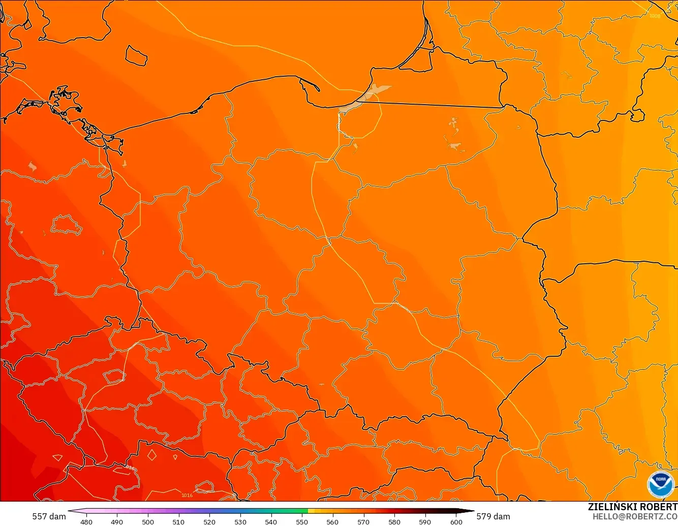 GFS modelo - Polonia, Altura geopotencial a 500 hPa