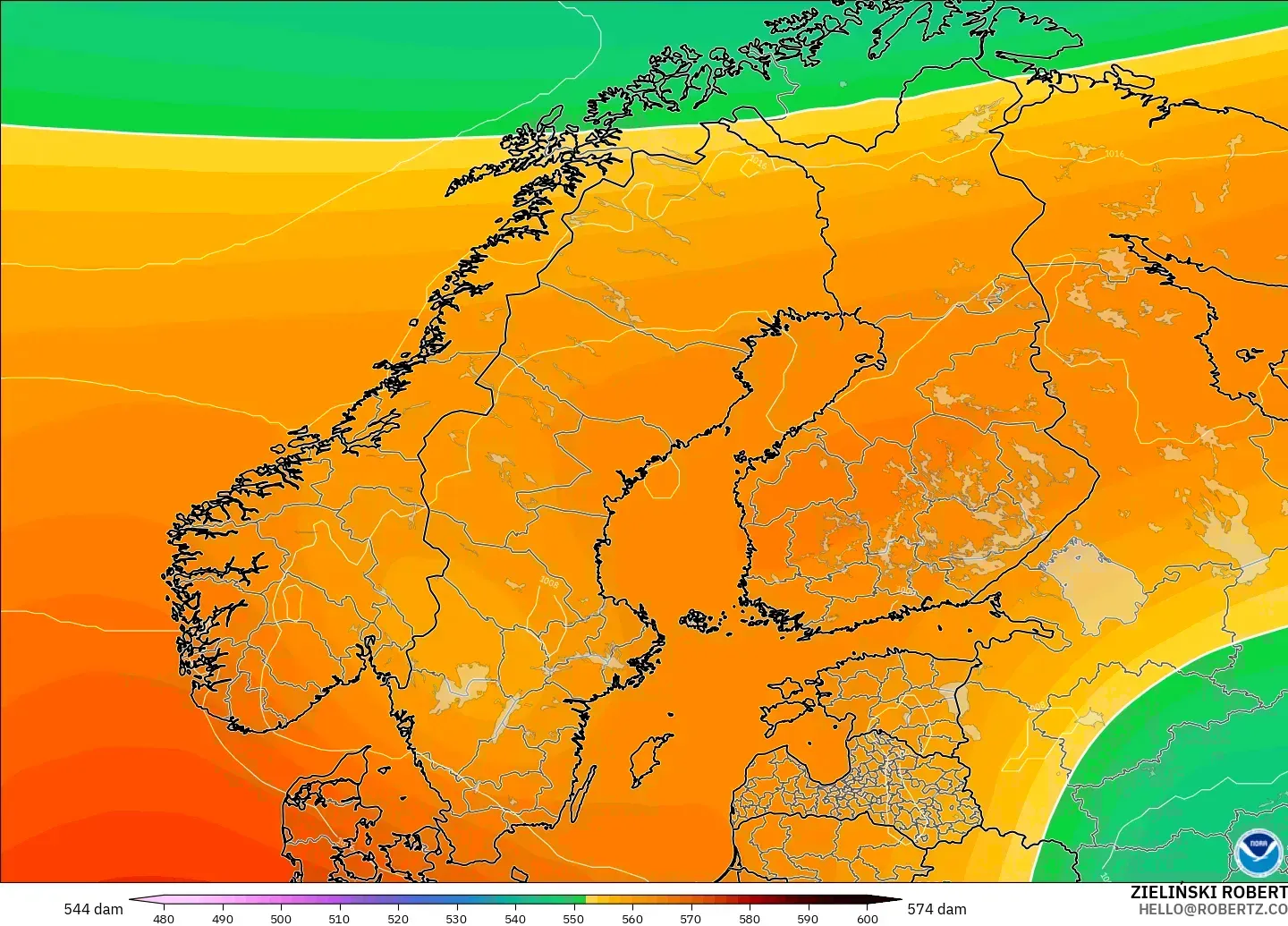 GFS modelo - Escandinavia, Altura geopotencial a 500 hPa