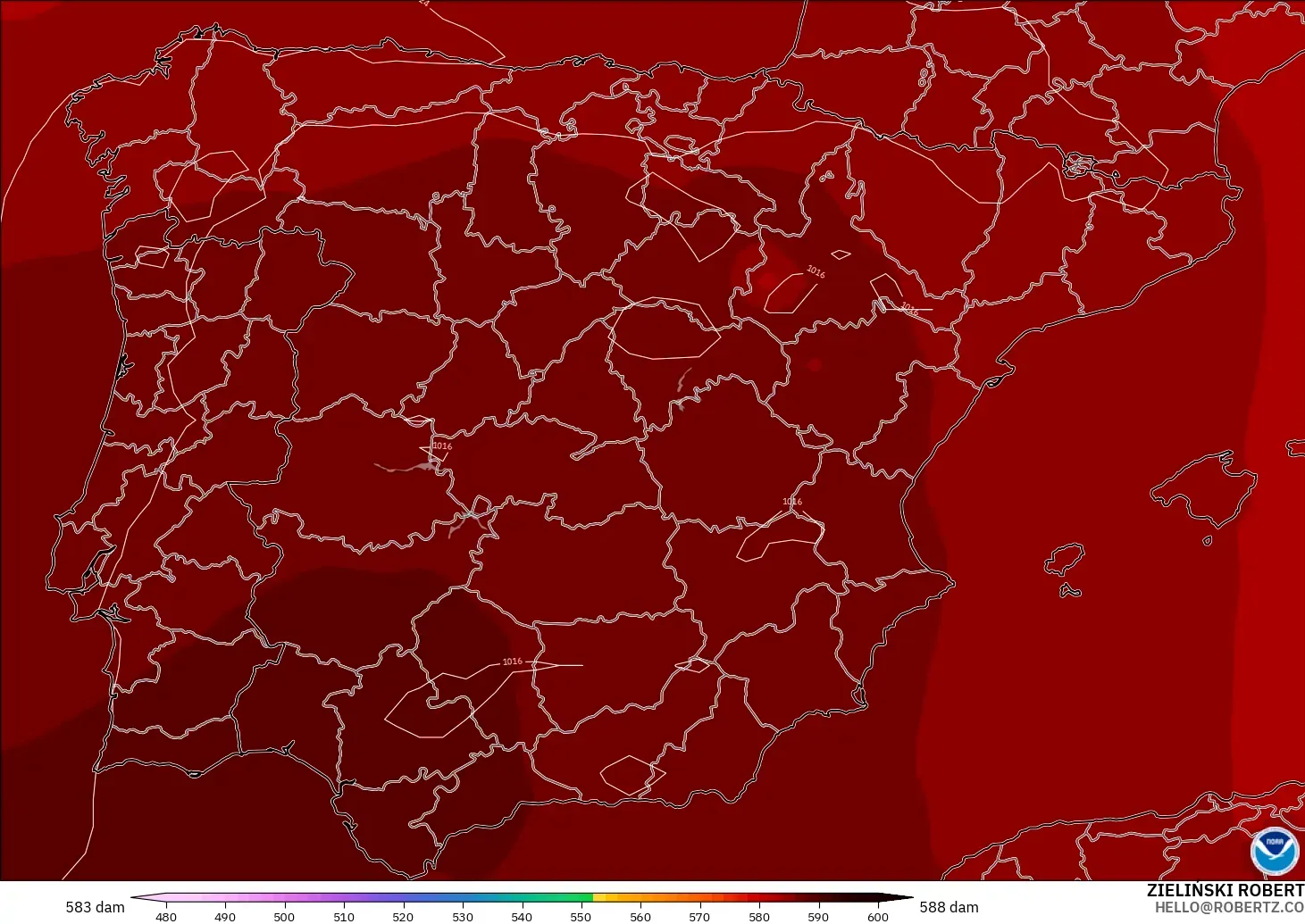 GFS modelo - España, Altura geopotencial a 500 hPa