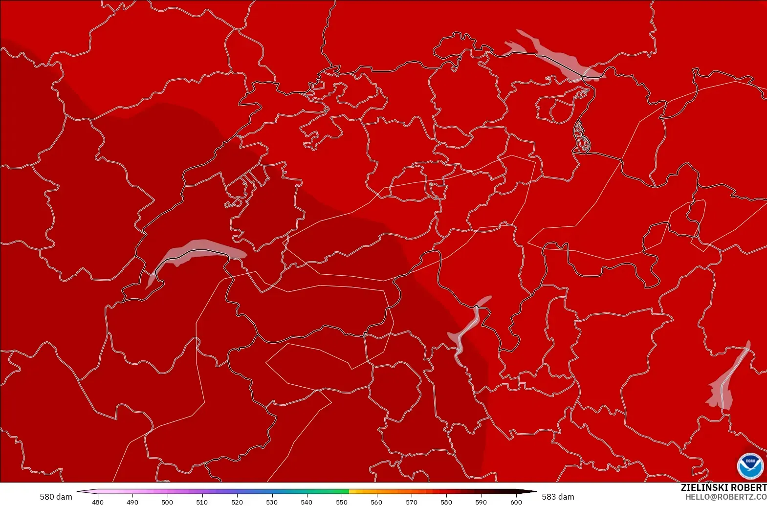 GFS modelo - Suiza, Altura geopotencial a 500 hPa