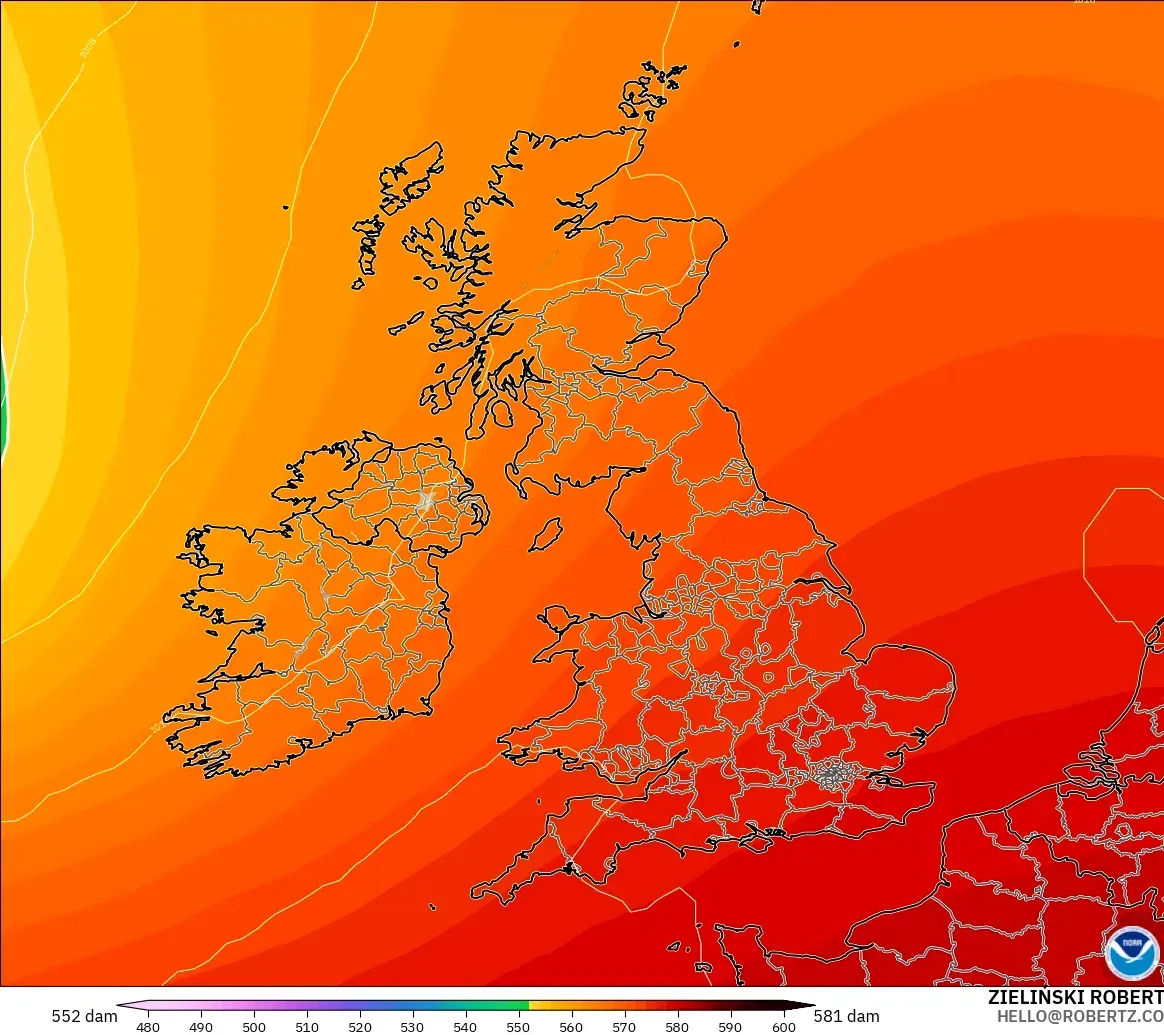 GFS modelo - Reino Unido, Altura geopotencial a 500 hPa
