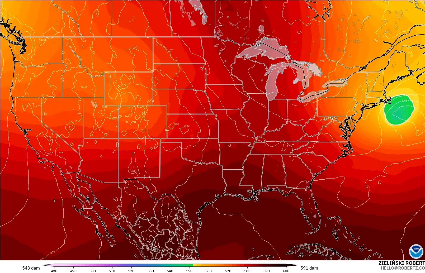 GFS modelo - Estados Unidos, Altura geopotencial a 500 hPa