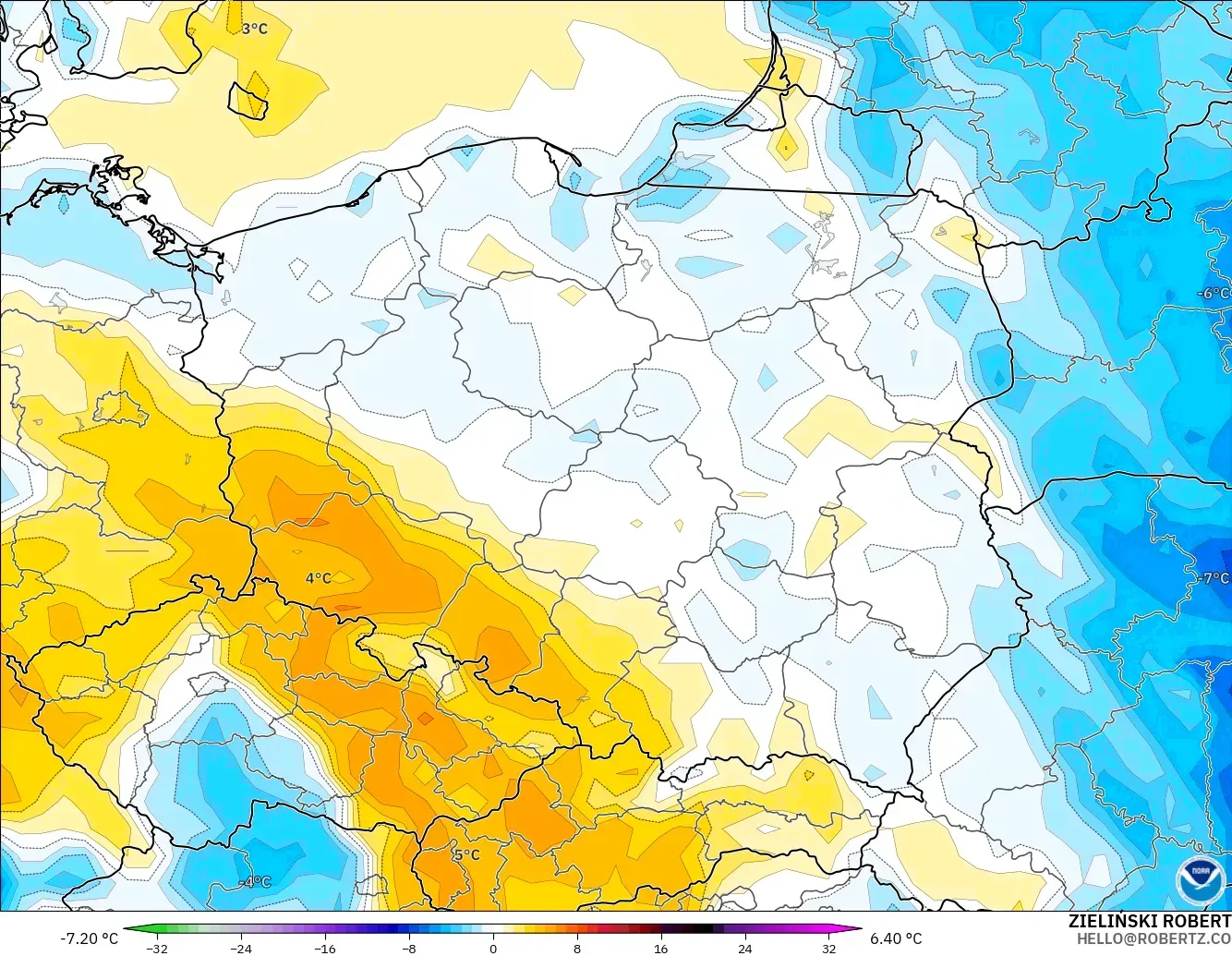 GFS modelo - Polonia, Anomalía de temperatura a 2 m