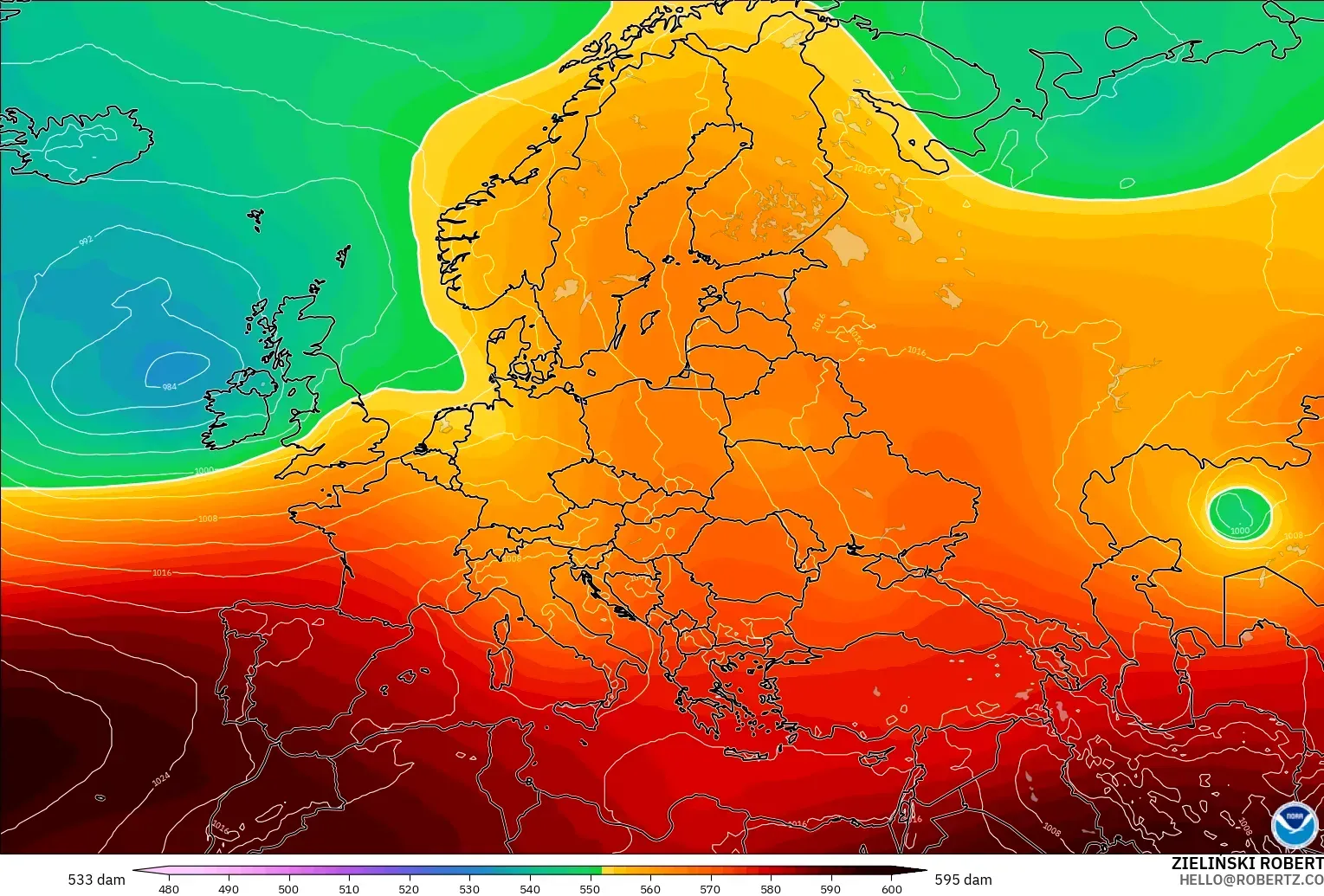 GFS modelo - Europa, Altura geopotencial a 500 hPa