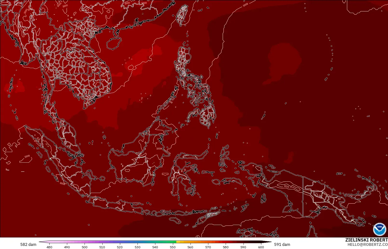 GFS modelo - Sudeste Asiático, Altura geopotencial a 500 hPa