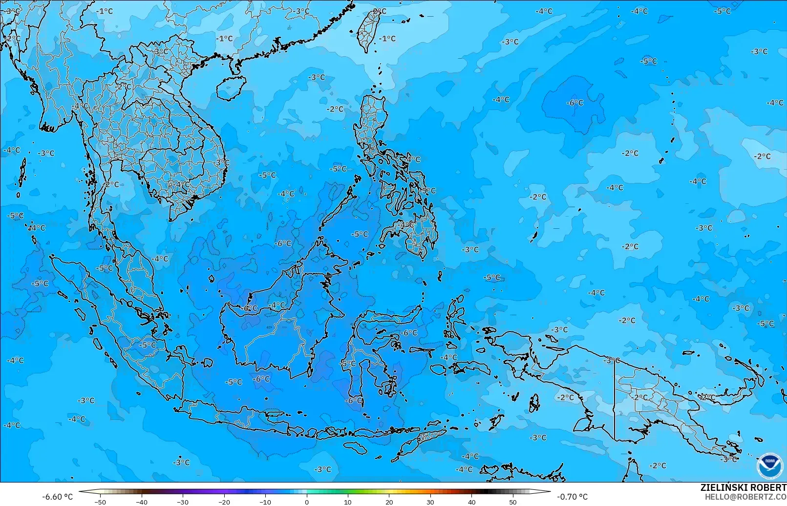 GFS modelo - Sudeste Asiático, Temperatura a 500 hPa