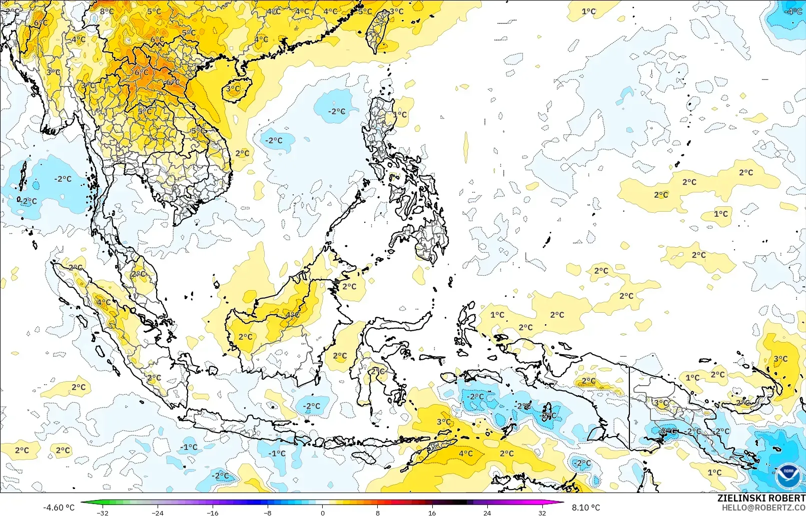 GFS modelo - Sudeste Asiático, Anomalía de temperatura a 850 hPa