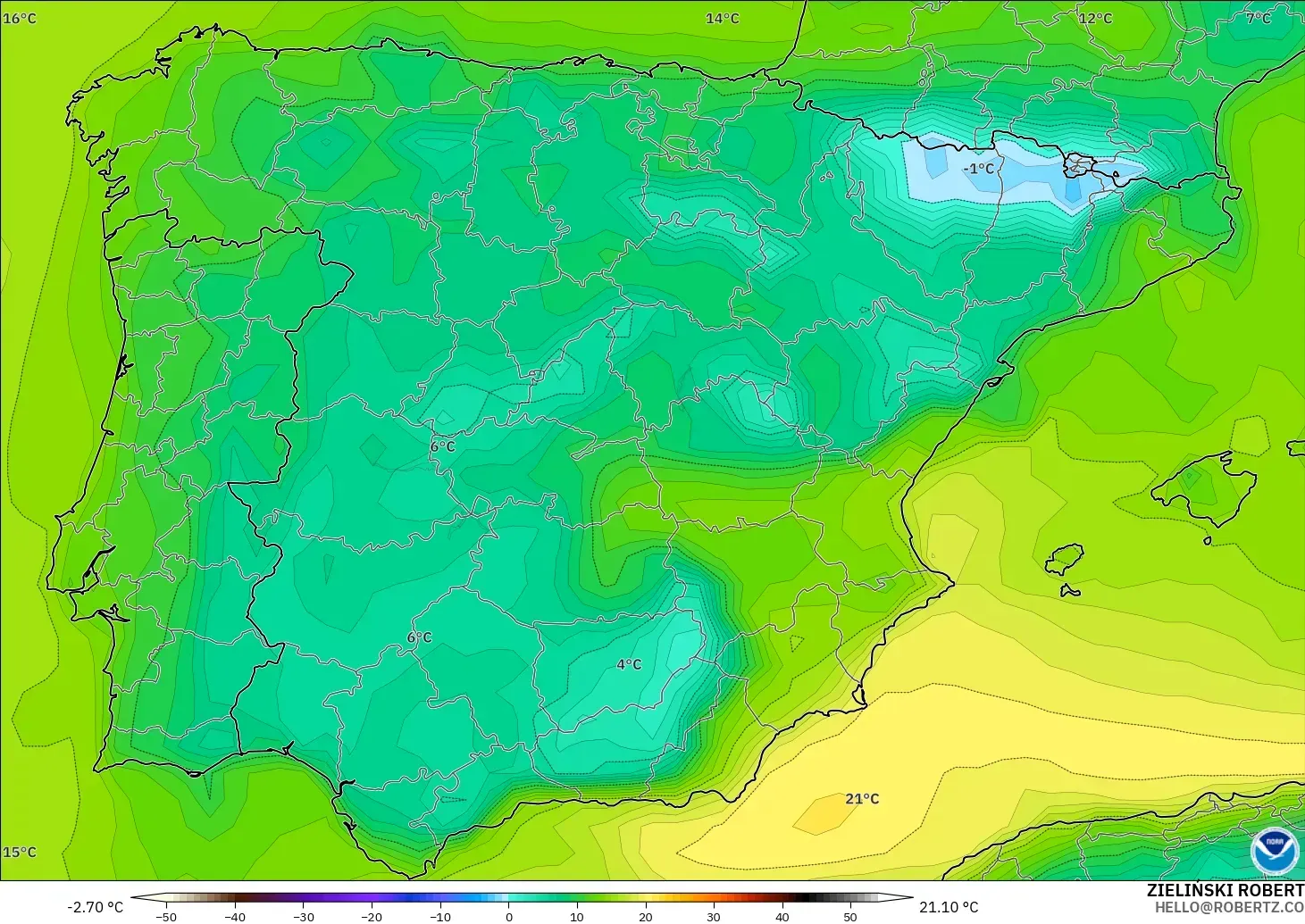 GFS modelo - España, Punto de rocío a 2 m
