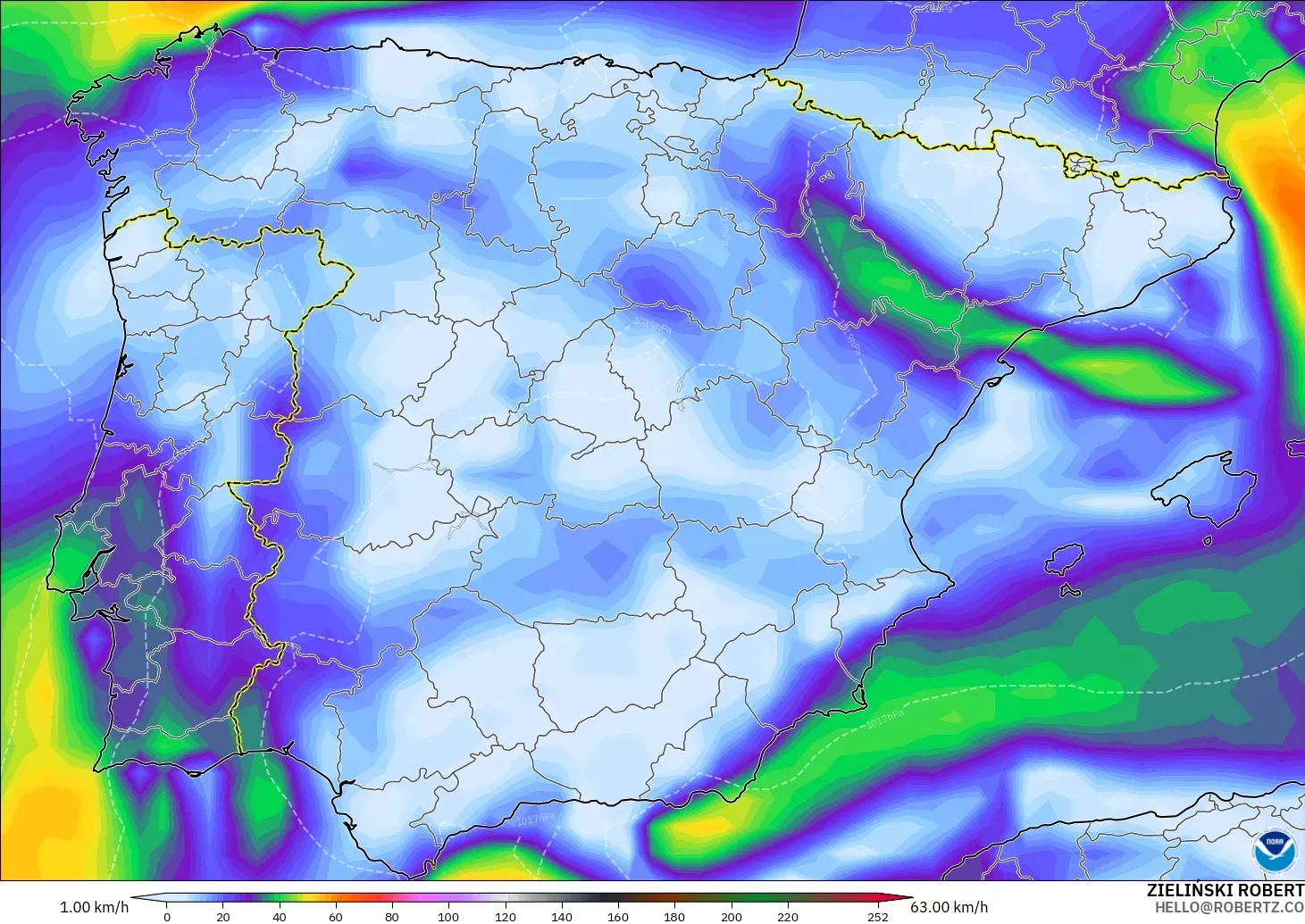 GFS modelo - España, Ráfagas de viento