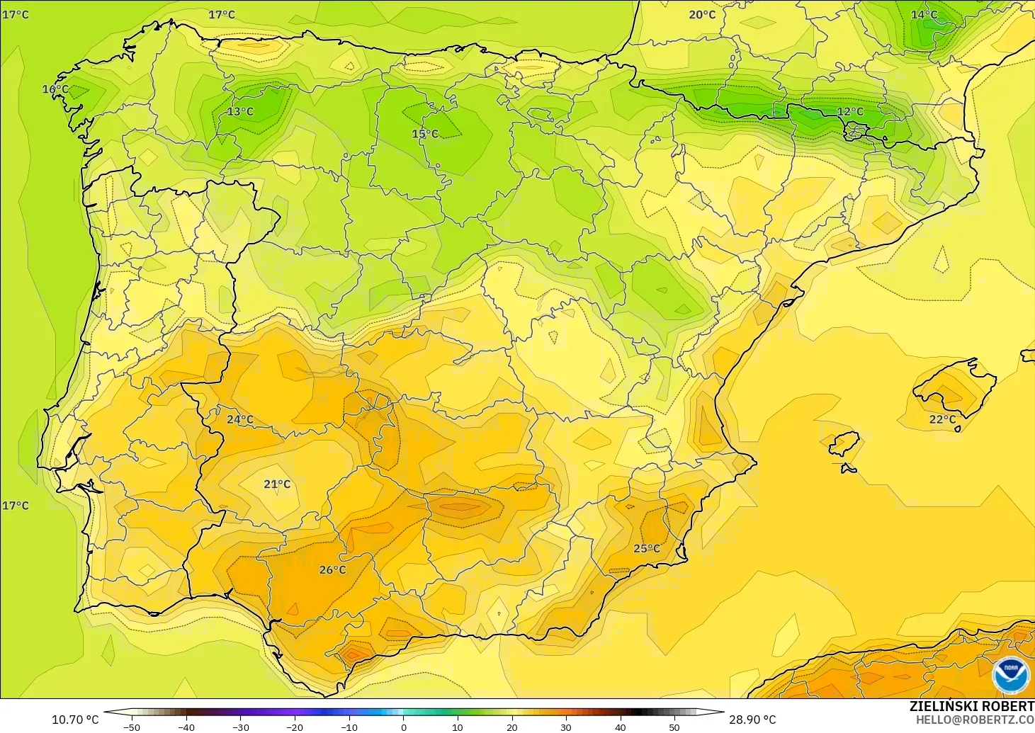 GFS modelo - España, Temperatura a 2 m