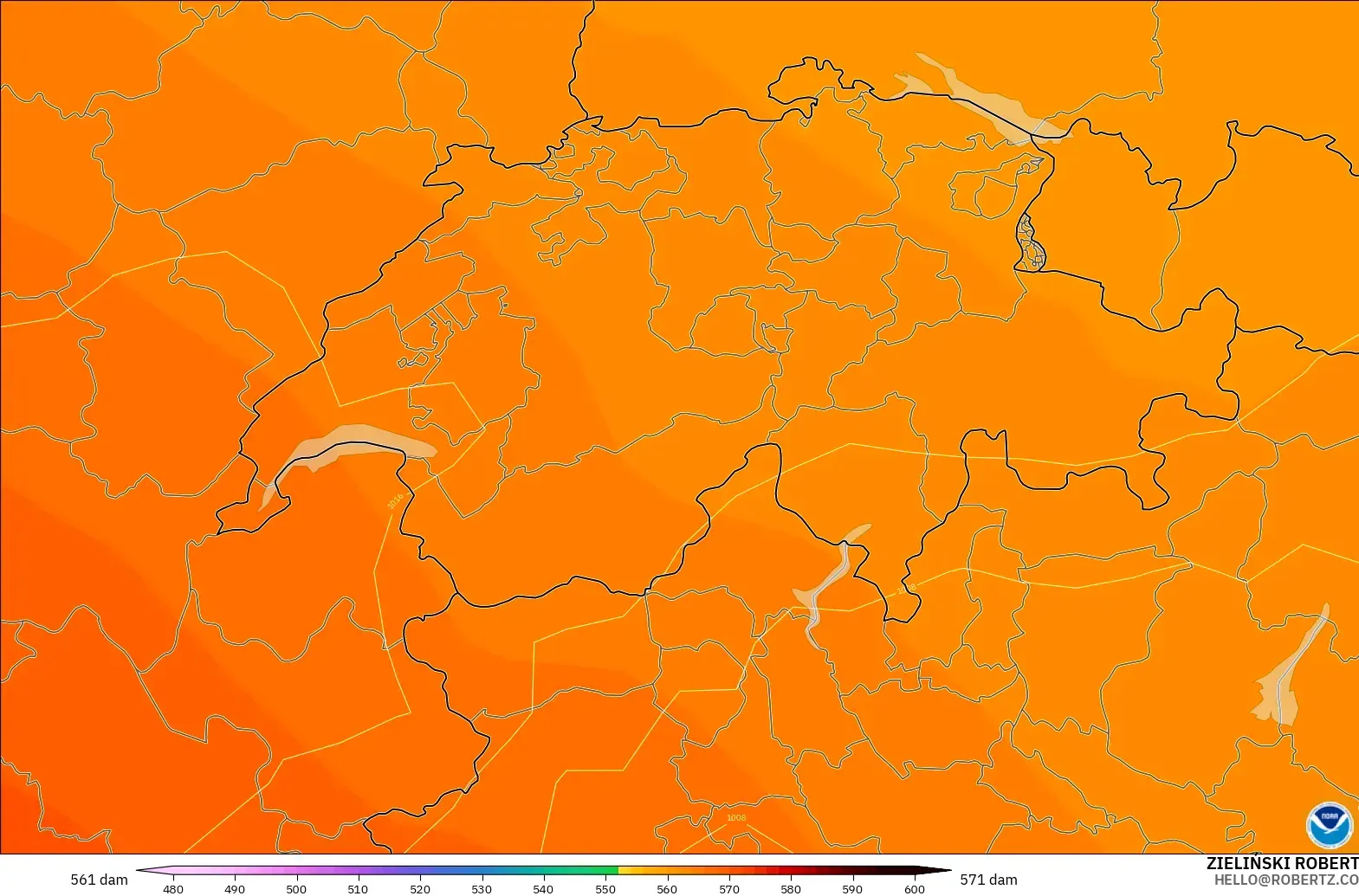 GFS modelo - Suiza, Altura geopotencial a 500 hPa