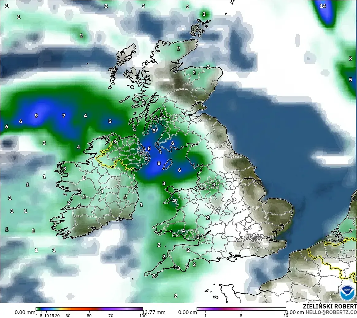 GFS modelo - Reino Unido, Precipitación, nubes y presión
