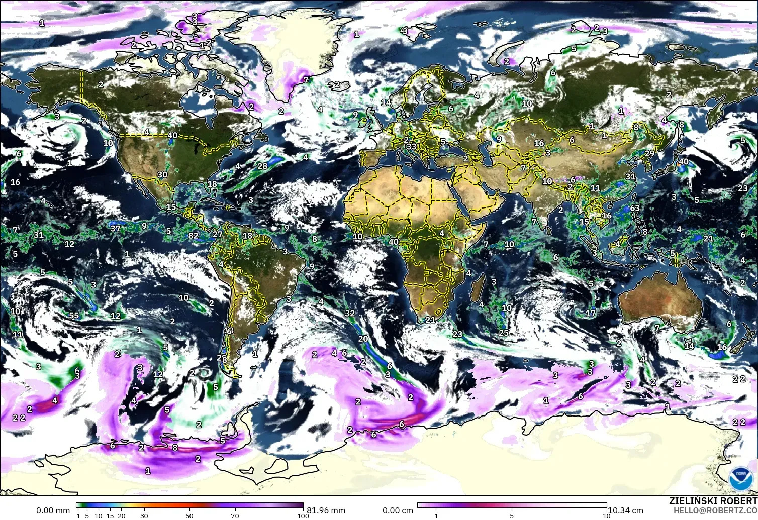 GFS modelo - Mundo, Precipitación, nubes y presión