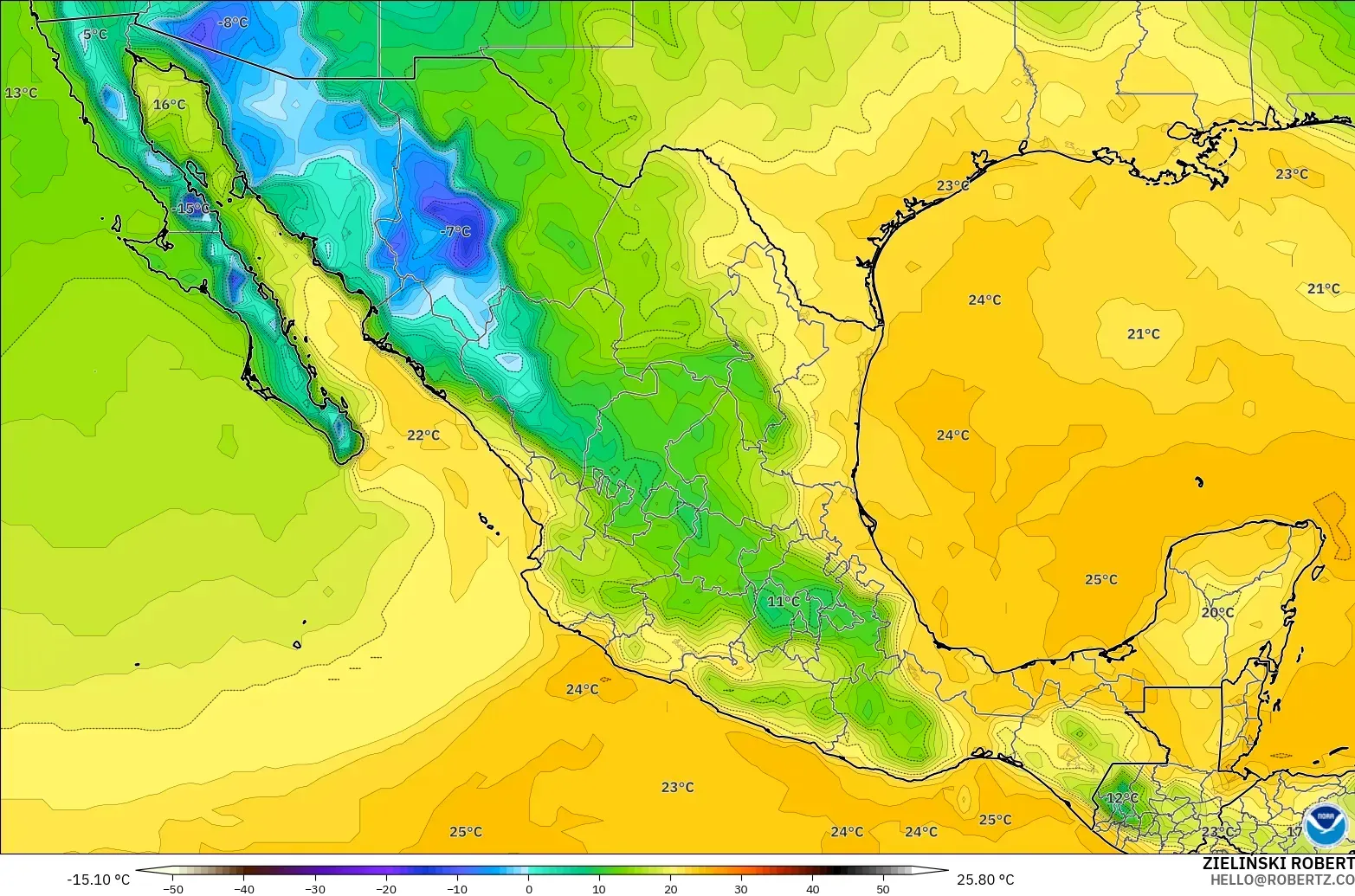 GFS modelo - México, Punto de rocío a 2 m