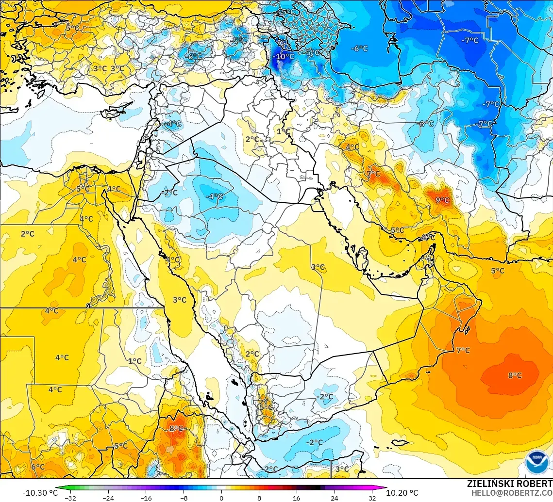 GFS modelo - Oriente Medio, Anomalía de temperatura a 850 hPa