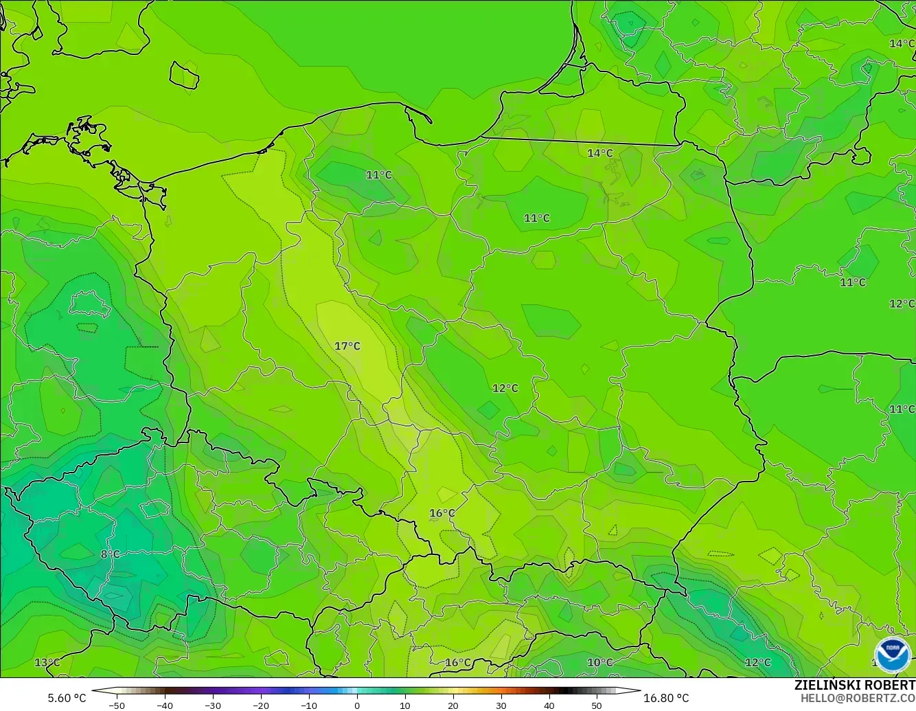 GFS modelo - Polonia, Punto de rocío a 2 m