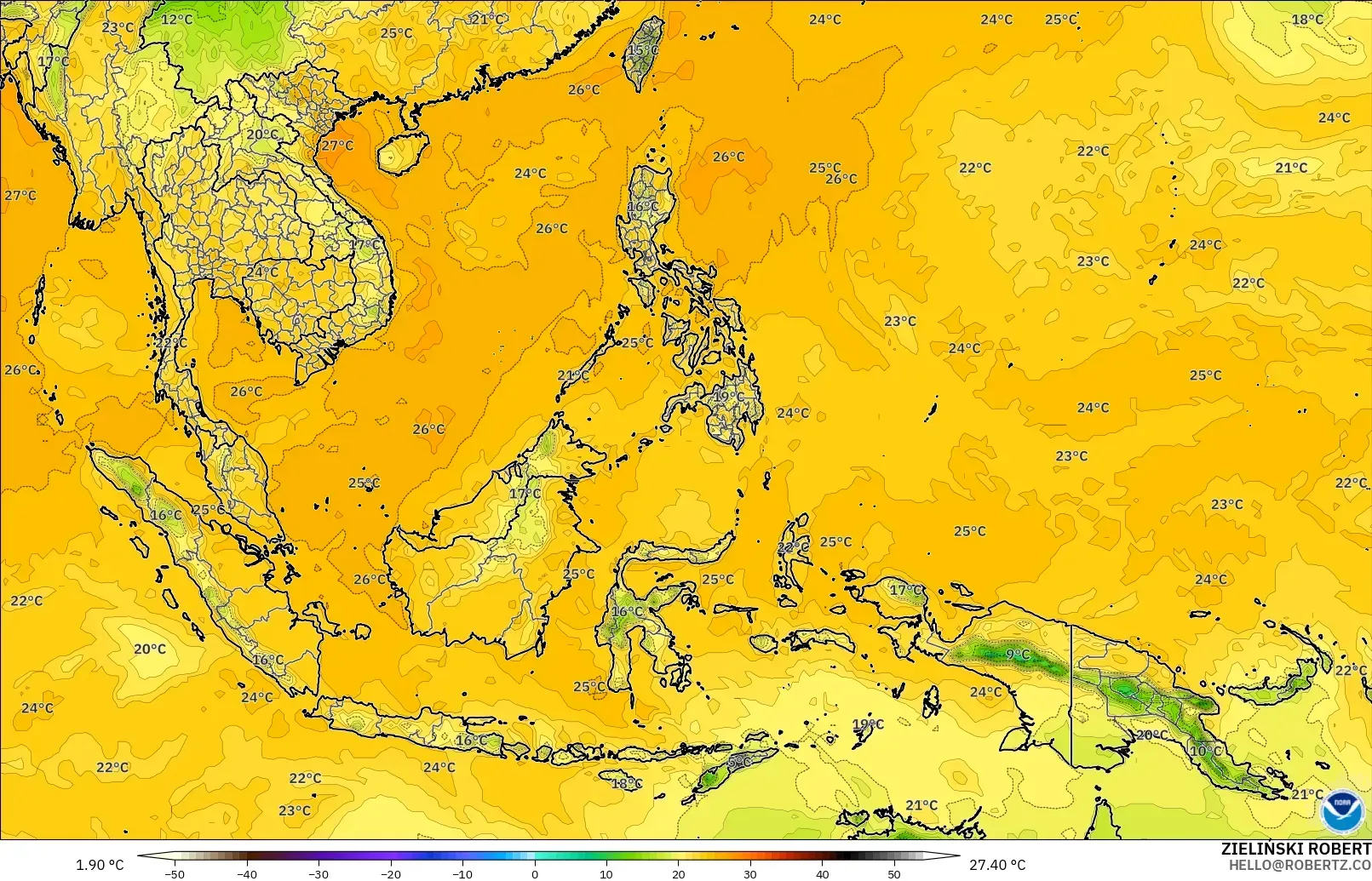 GFS modelo - Sudeste Asiático, Punto de rocío a 2 m