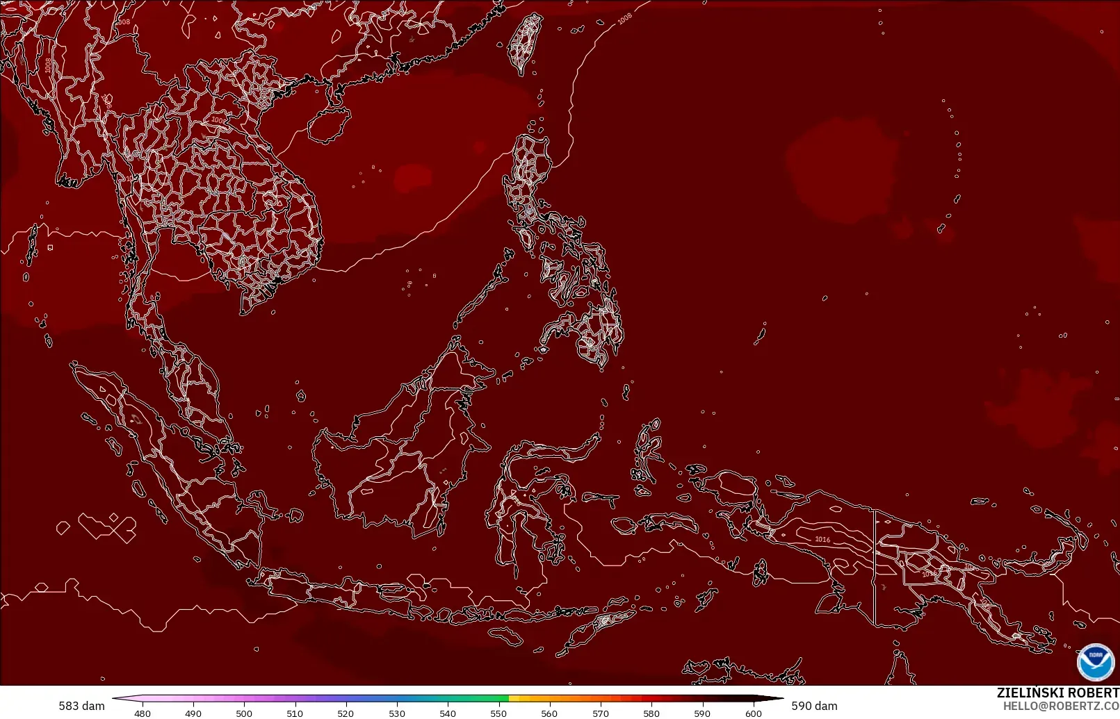 GFS modelo - Sudeste Asiático, Altura geopotencial a 500 hPa