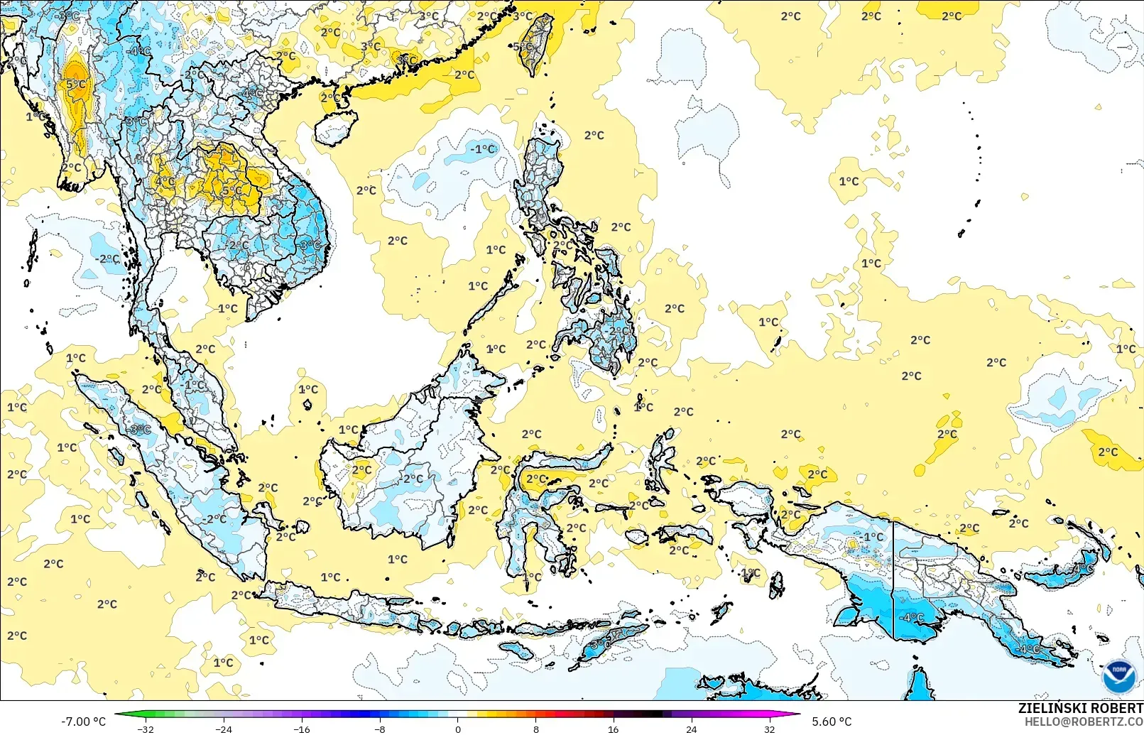 GFS modelo - Sudeste Asiático, Anomalía de temperatura a 2 m