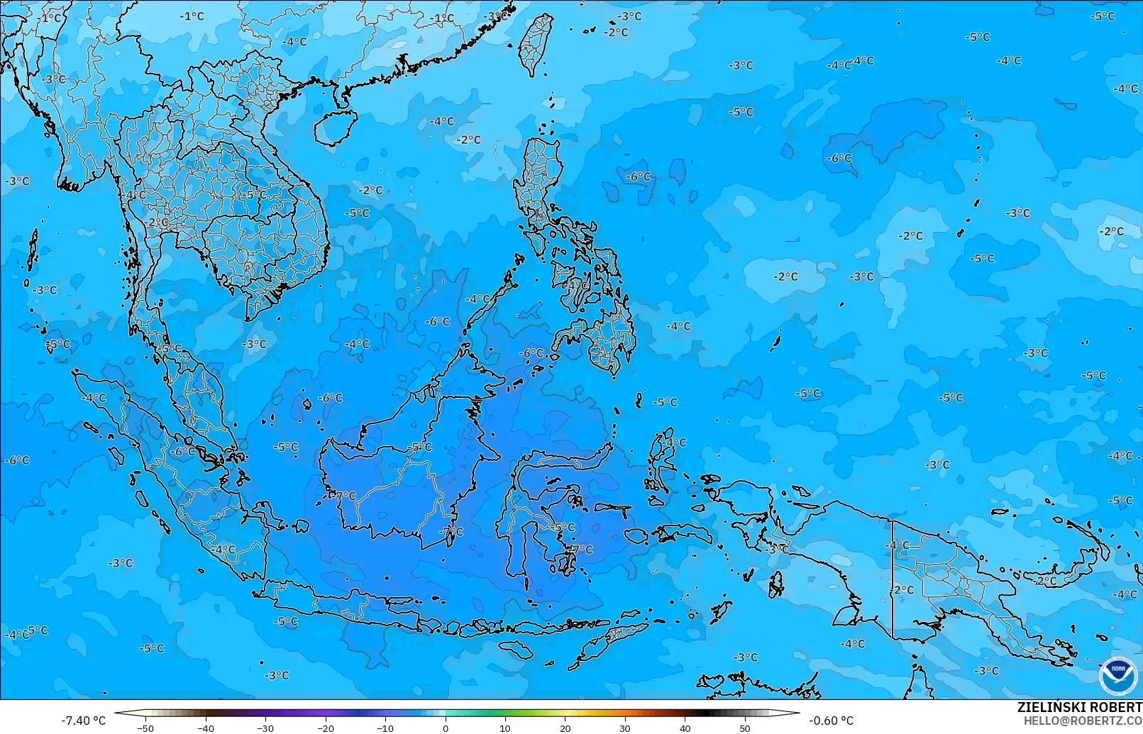 GFS modelo - Sudeste Asiático, Temperatura a 500 hPa