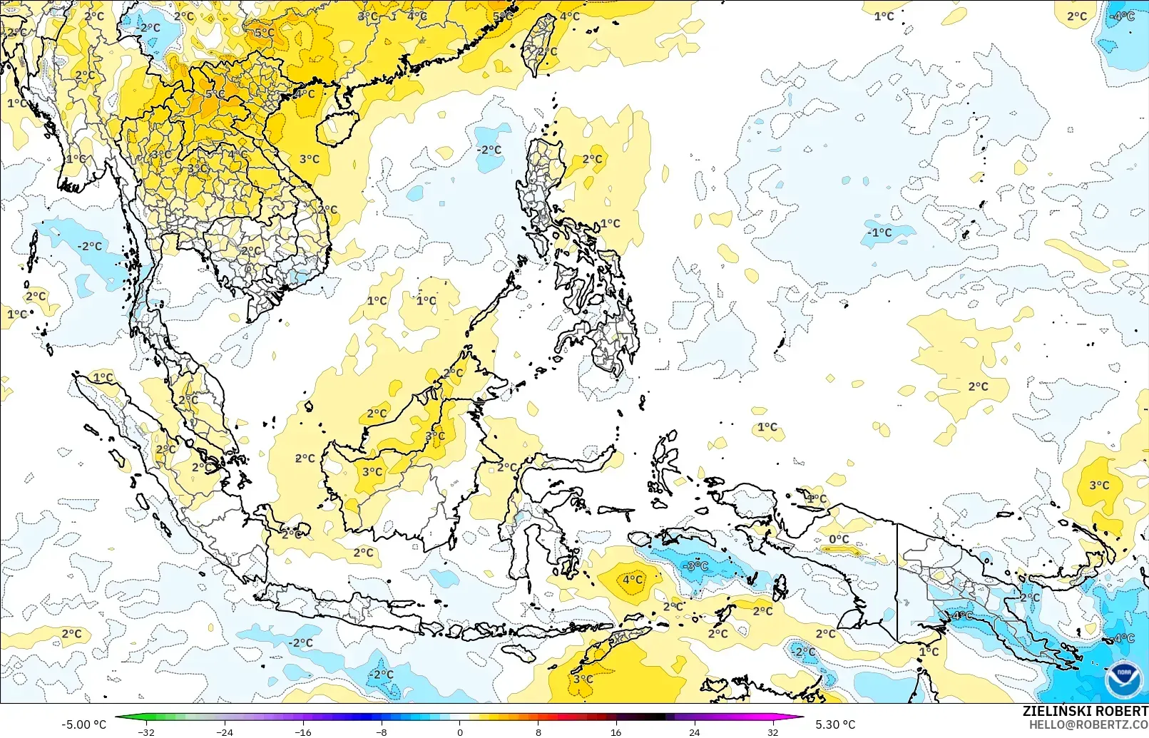 GFS modelo - Sudeste Asiático, Anomalía de temperatura a 850 hPa