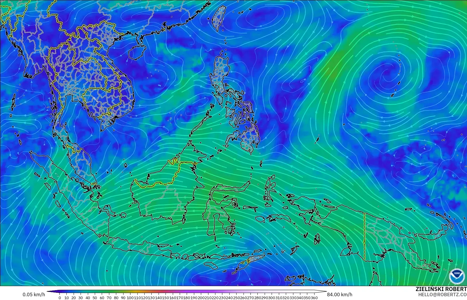GFS modelo - Sudeste Asiático, Viento a 300 hPa (corriente en chorro)