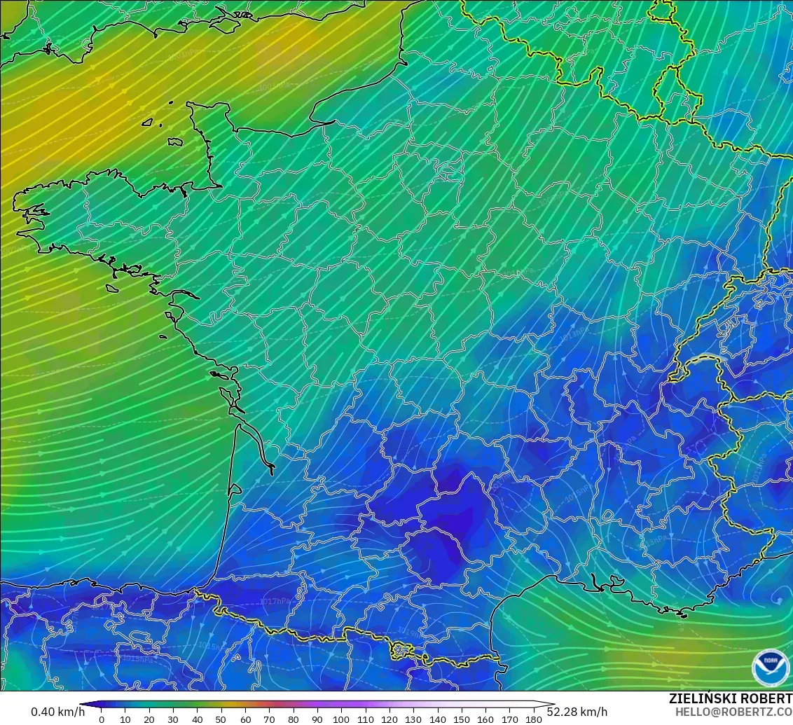 GFS modelo - Francia, Viento a 10 m