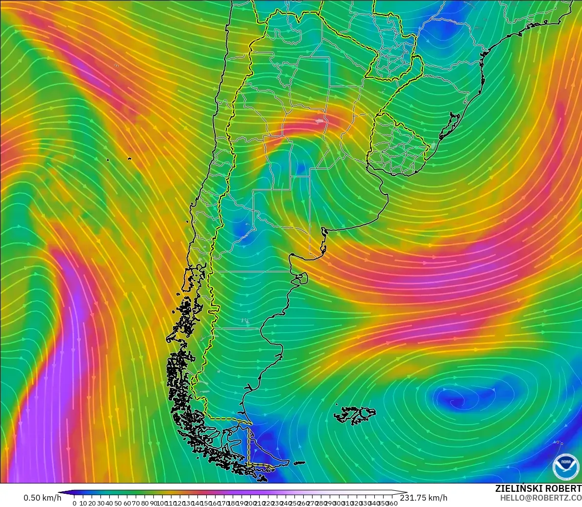 GFS modelo - Argentina, Viento a 300 hPa (corriente en chorro)