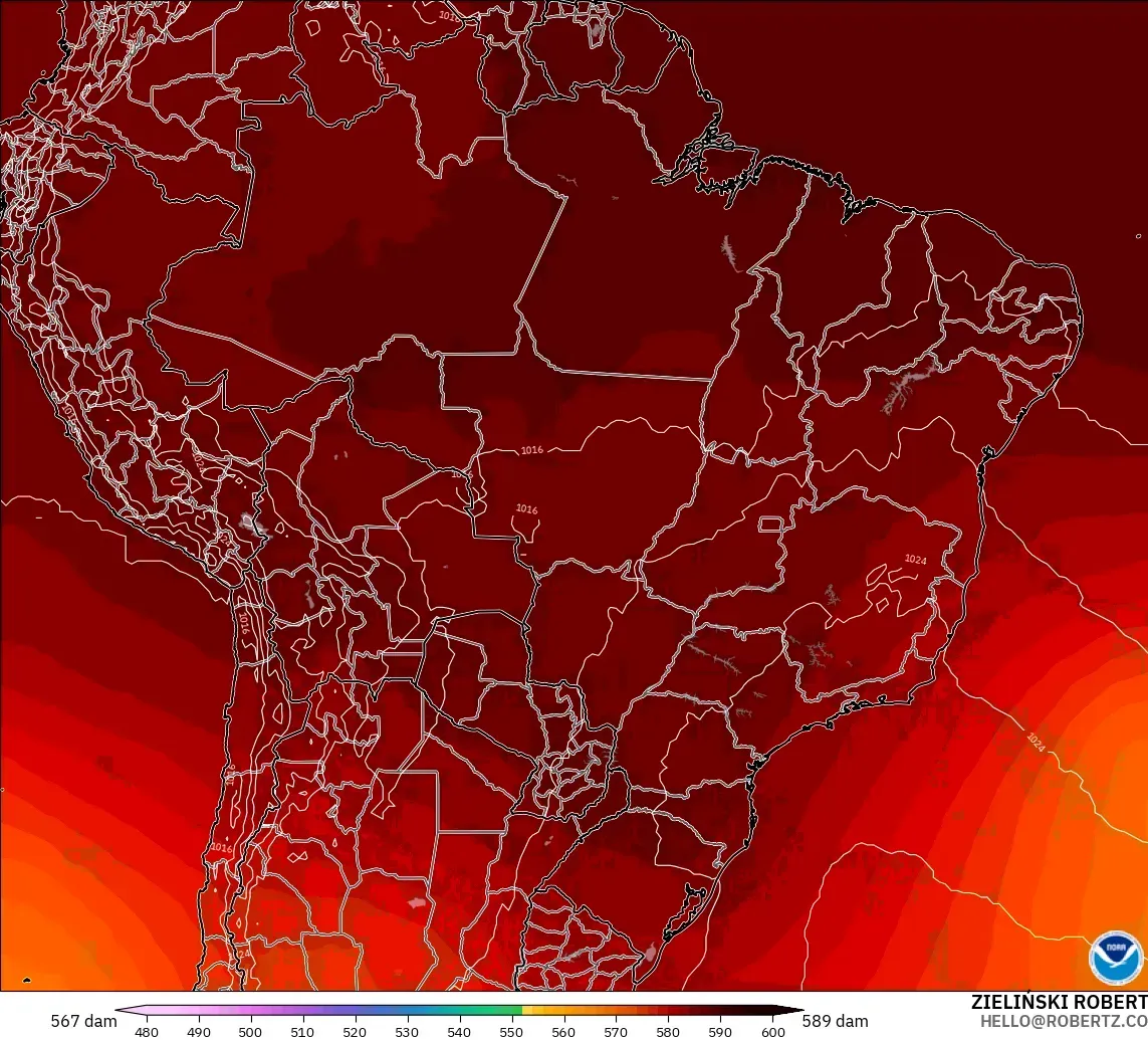 GFS modelo - Brasil, Altura geopotencial a 500 hPa