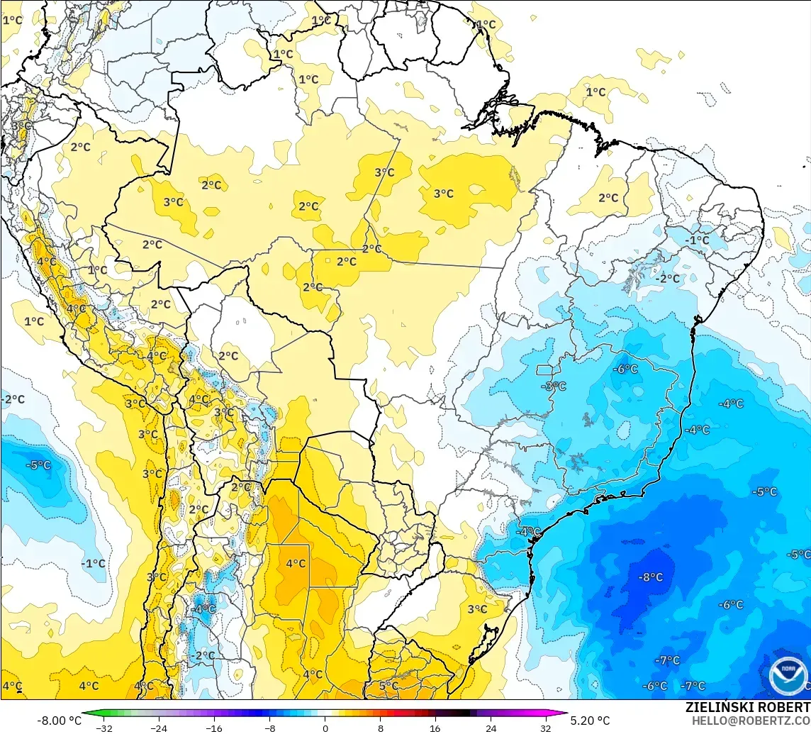 GFS modelo - Brasil, Anomalía de temperatura a 850 hPa